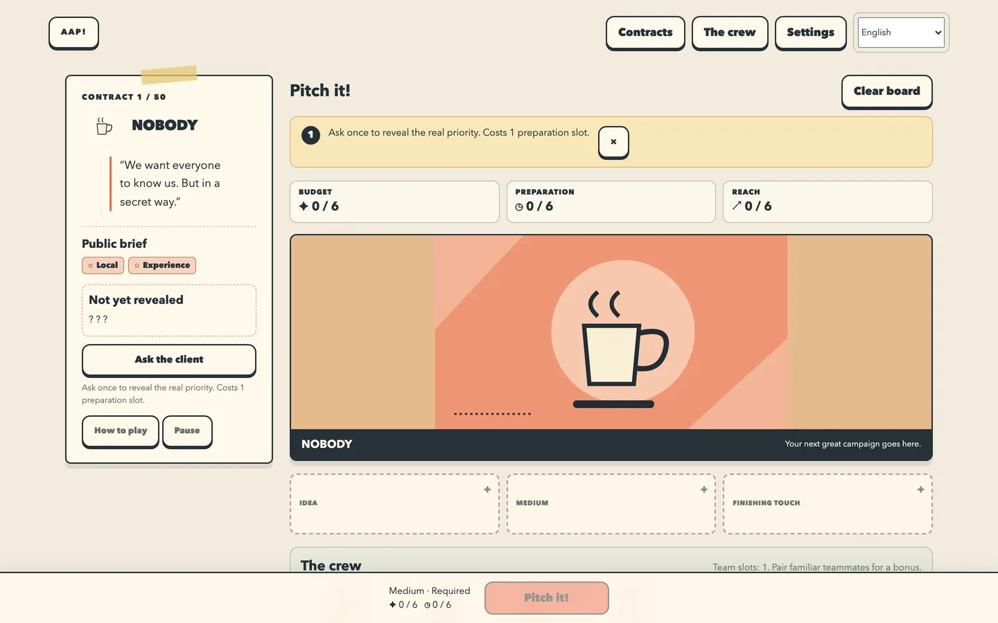 The pitch board on a desktop screen, with the client brief, the card deck and the budget and time meters