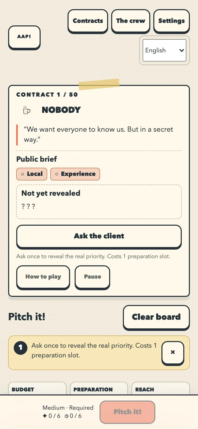 Ad Agency Panic on a phone screen, with cards in two columns and the pitch dock along the bottom