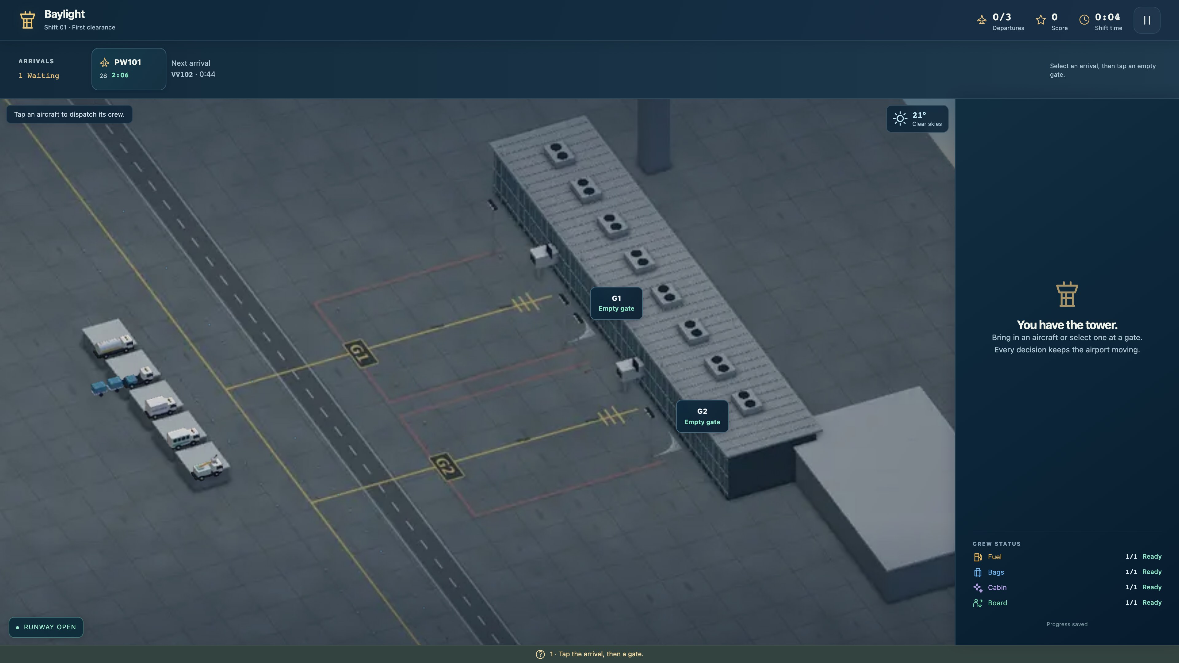 Airport Turnaround gameplay: an aircraft on stand surrounded by ground service vehicles