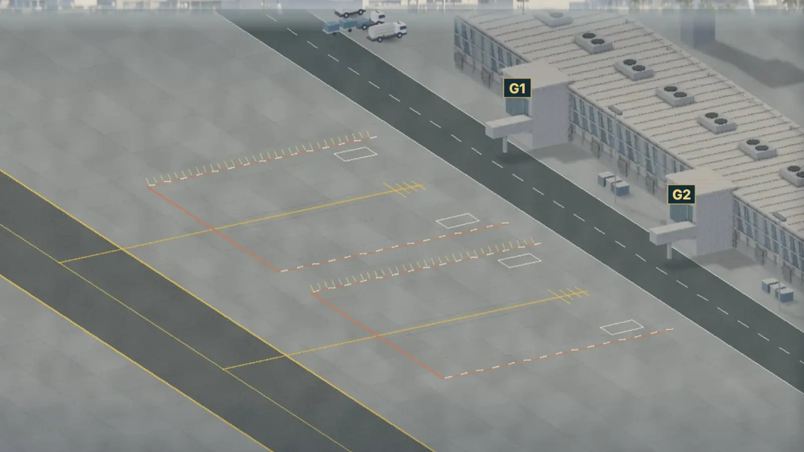 Airport Turnaround: empty marked stands face gates G1 and G2 beside a grey terminal and service road.