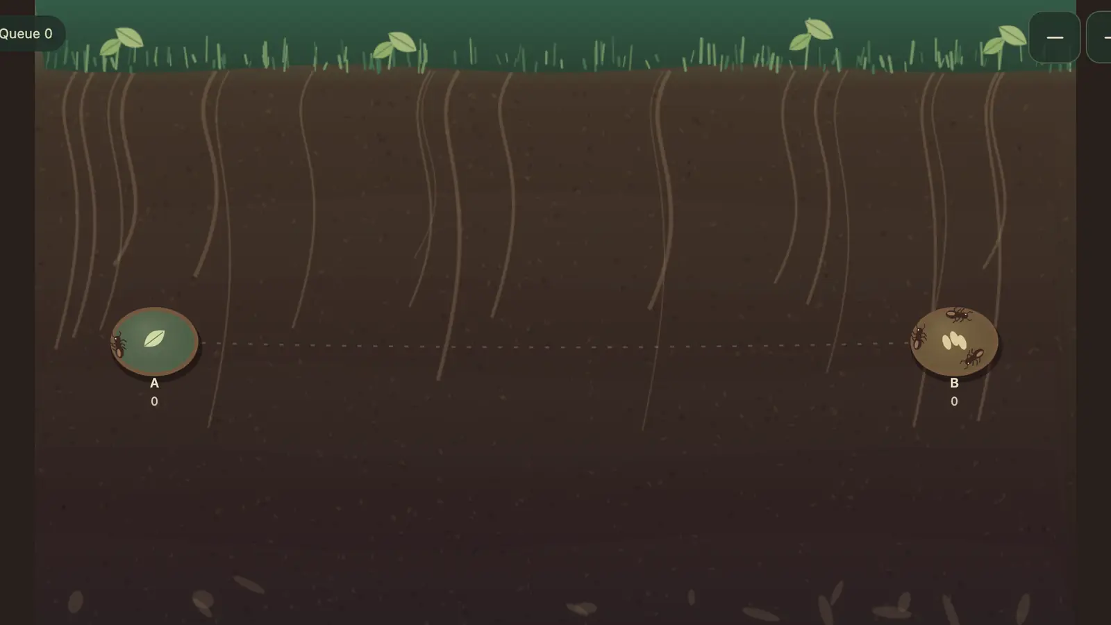 Ant Colony Express: two chambers with ants, a leaf and seeds sit beneath grass and roots, joined by a dotted line.