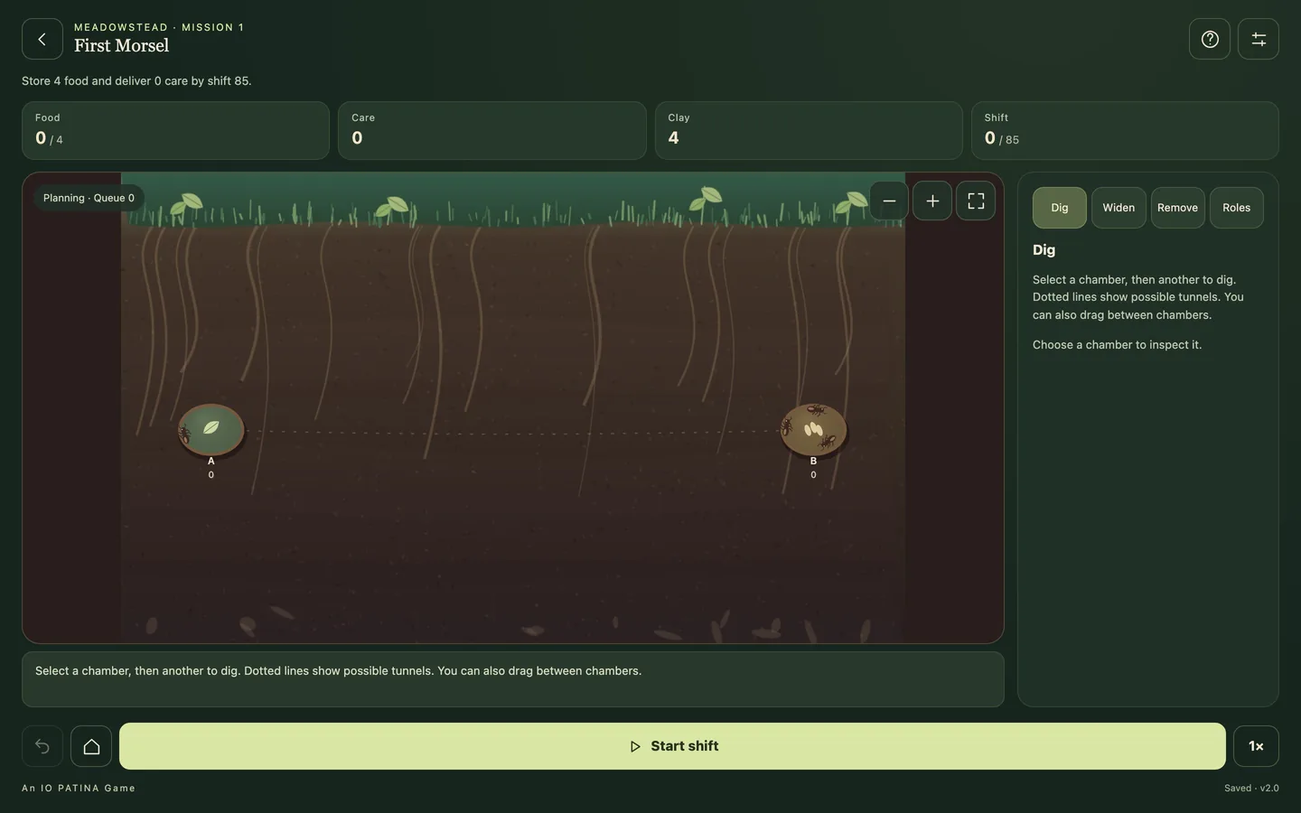 The colony on a desktop screen, with the chamber map, shift clock and food and care goals