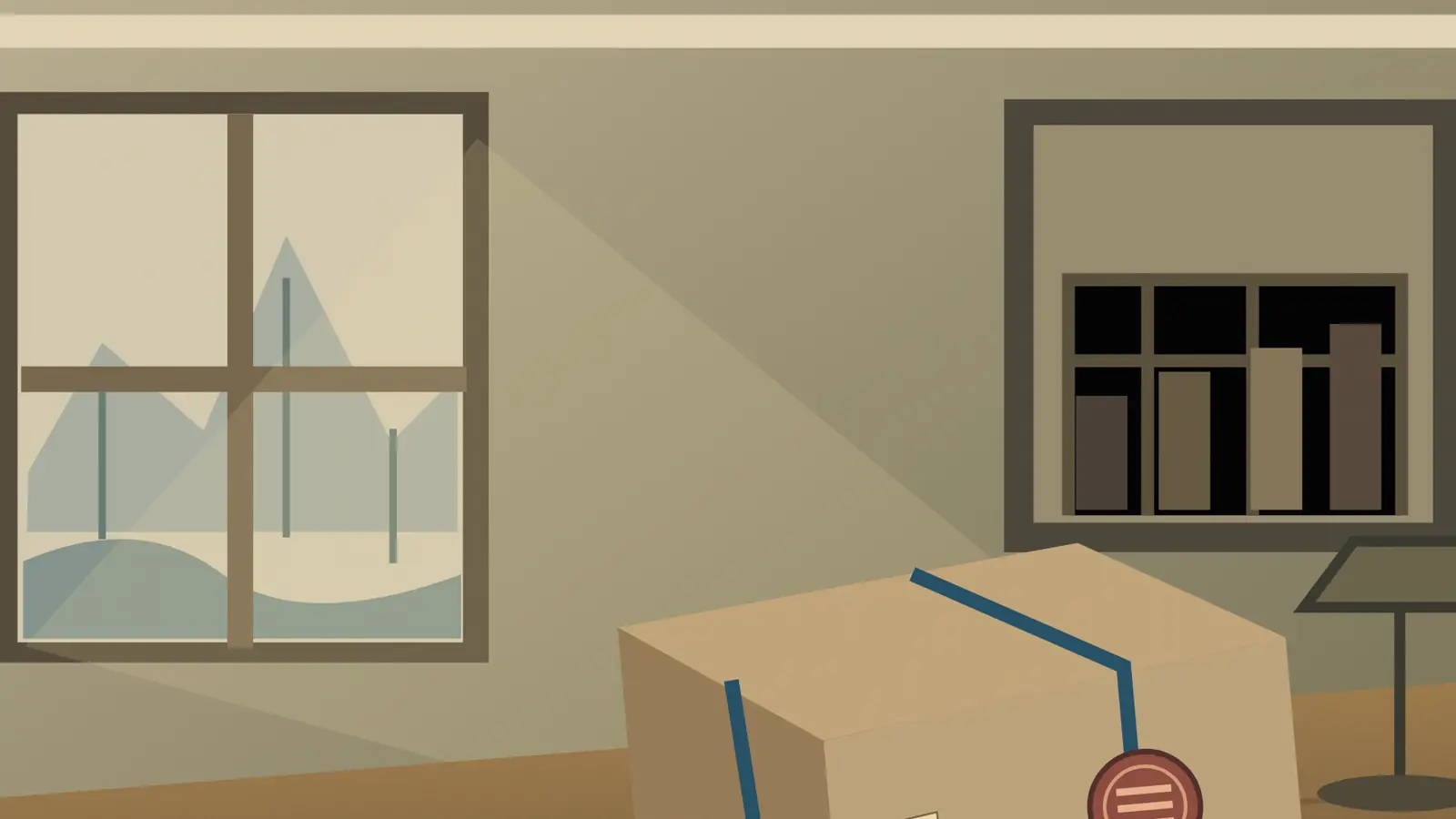 Archive Detective: The Ninth Drawer: a box tied with blue straps sits below a window beside a recessed bookshelf.