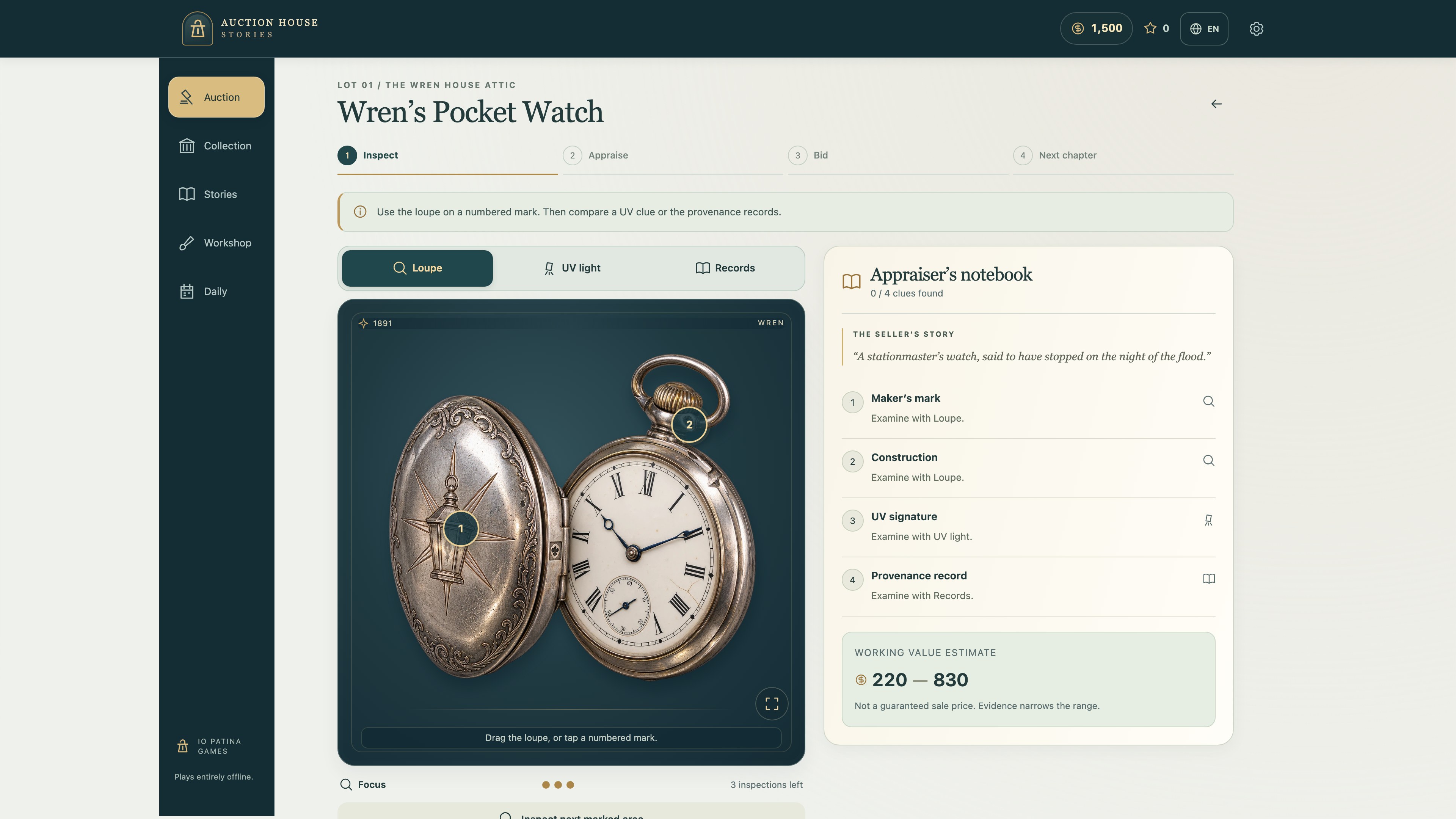 Auction House Stories gameplay: an auction lot with its catalogue entry being written