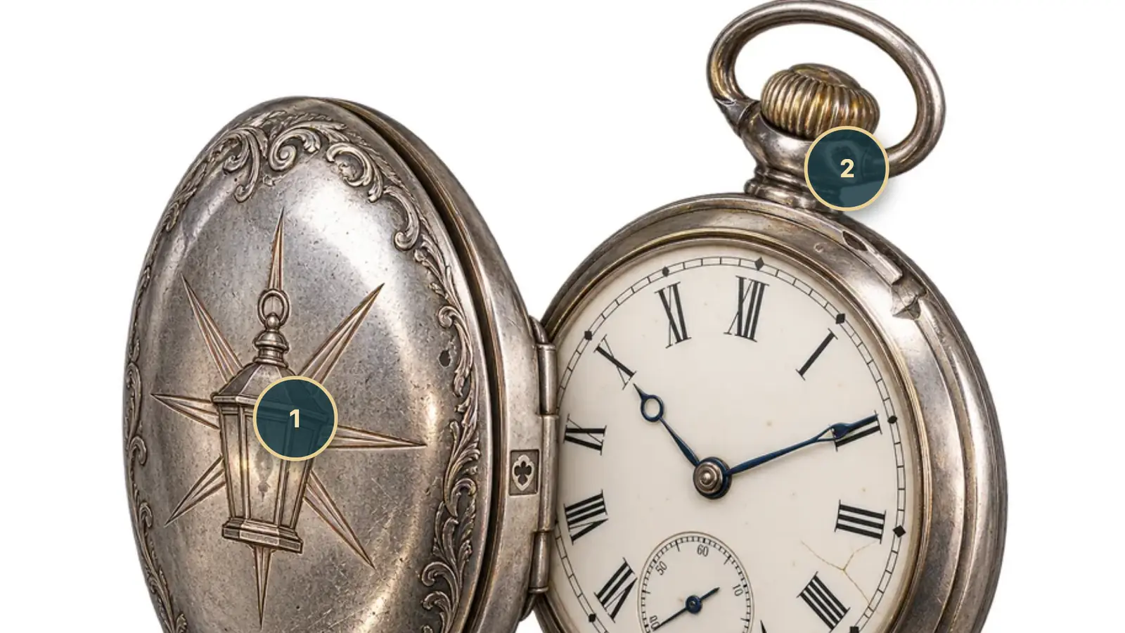 Auction House Stories: an open silver pocket watch has an engraved lid, Roman numerals and two numbered markers.