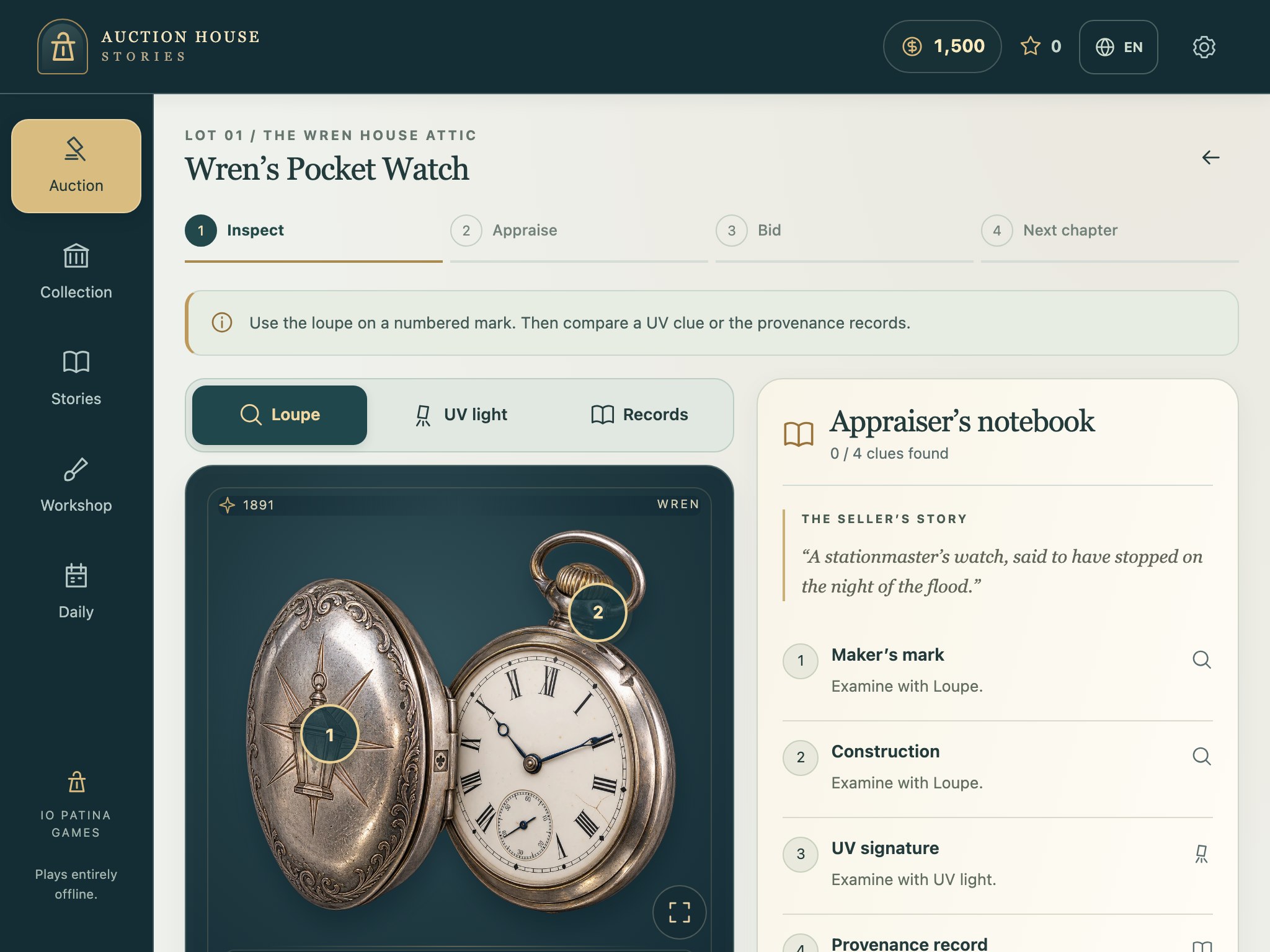 Auction House Stories on a tablet-width screen