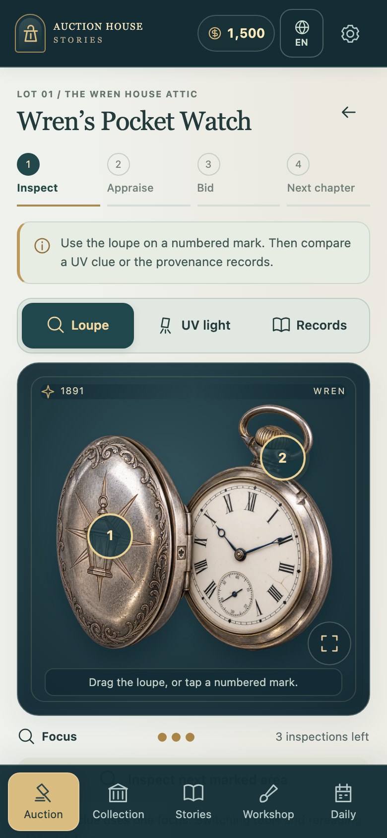 Auction House Stories on a phone screen