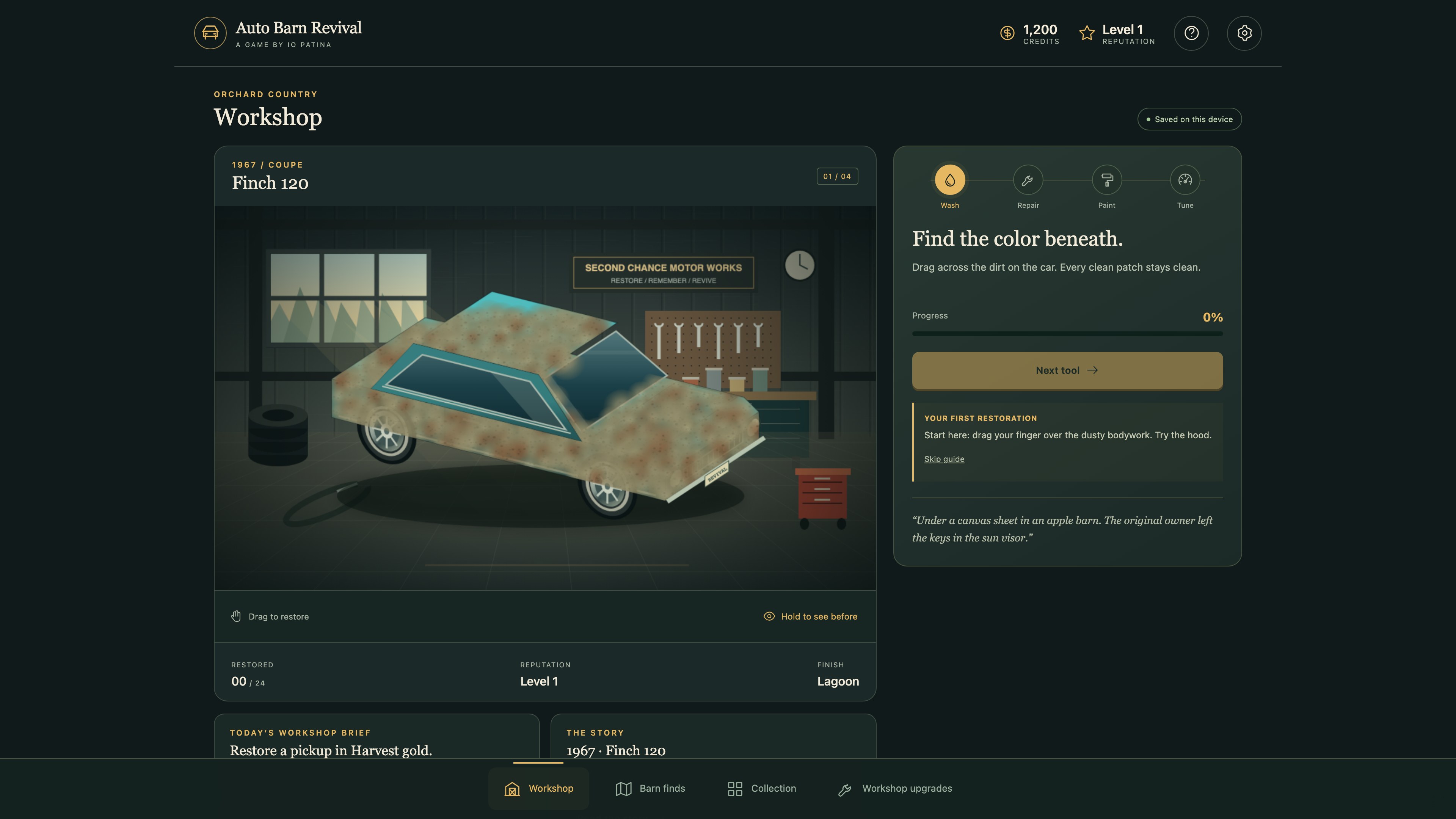Auto Barn Revival gameplay: a vehicle part-way through restoration in a barn workshop