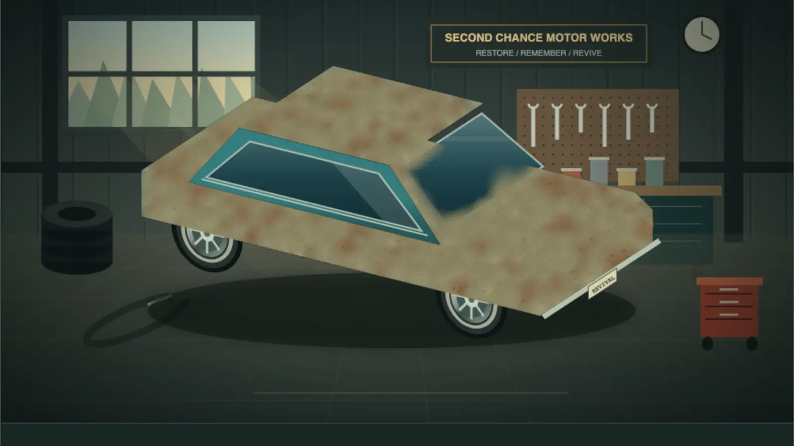 Auto Barn Revival: a rusty car with teal windows sits in a dark workshop beside tyres, hanging spanners and a red tool cart.