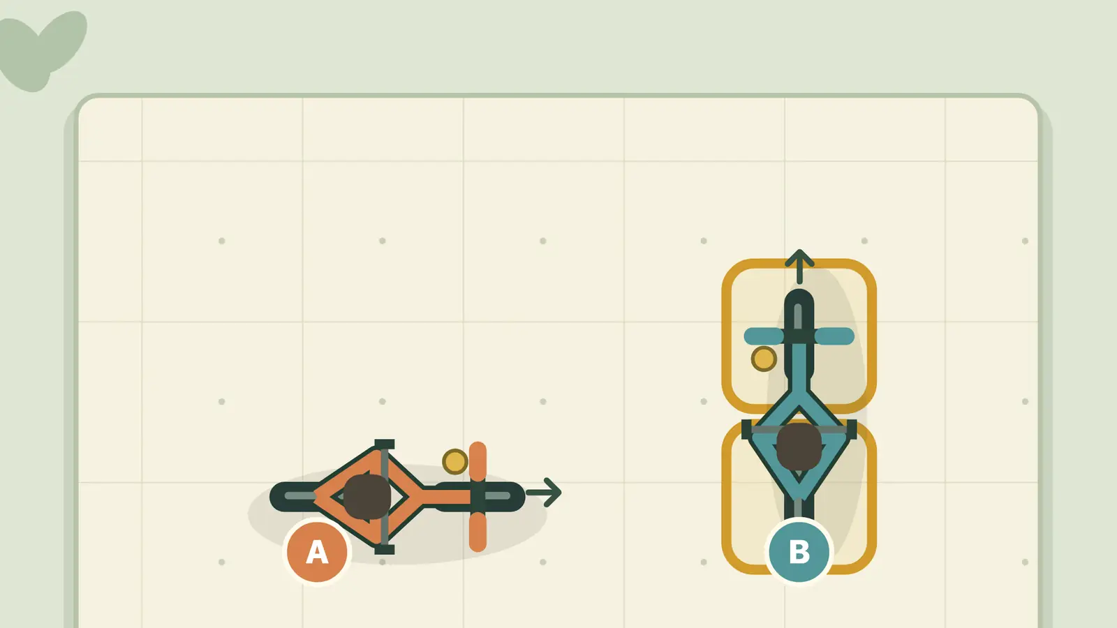 Bike Rack Jam: an orange bike points right and a teal bike points up on a pale grid with yellow rack outlines.