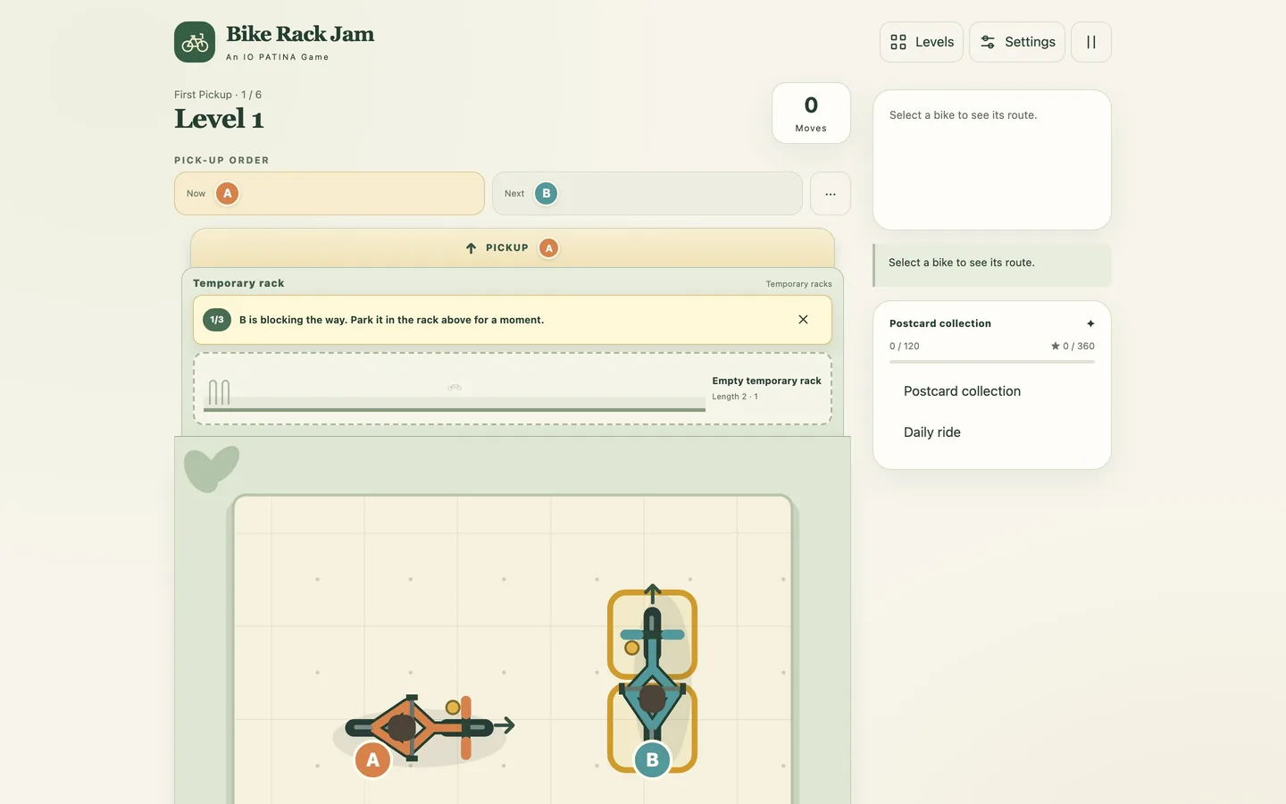The bike rack on a desktop screen, showing the parked bicycles, the request queue and the move counter