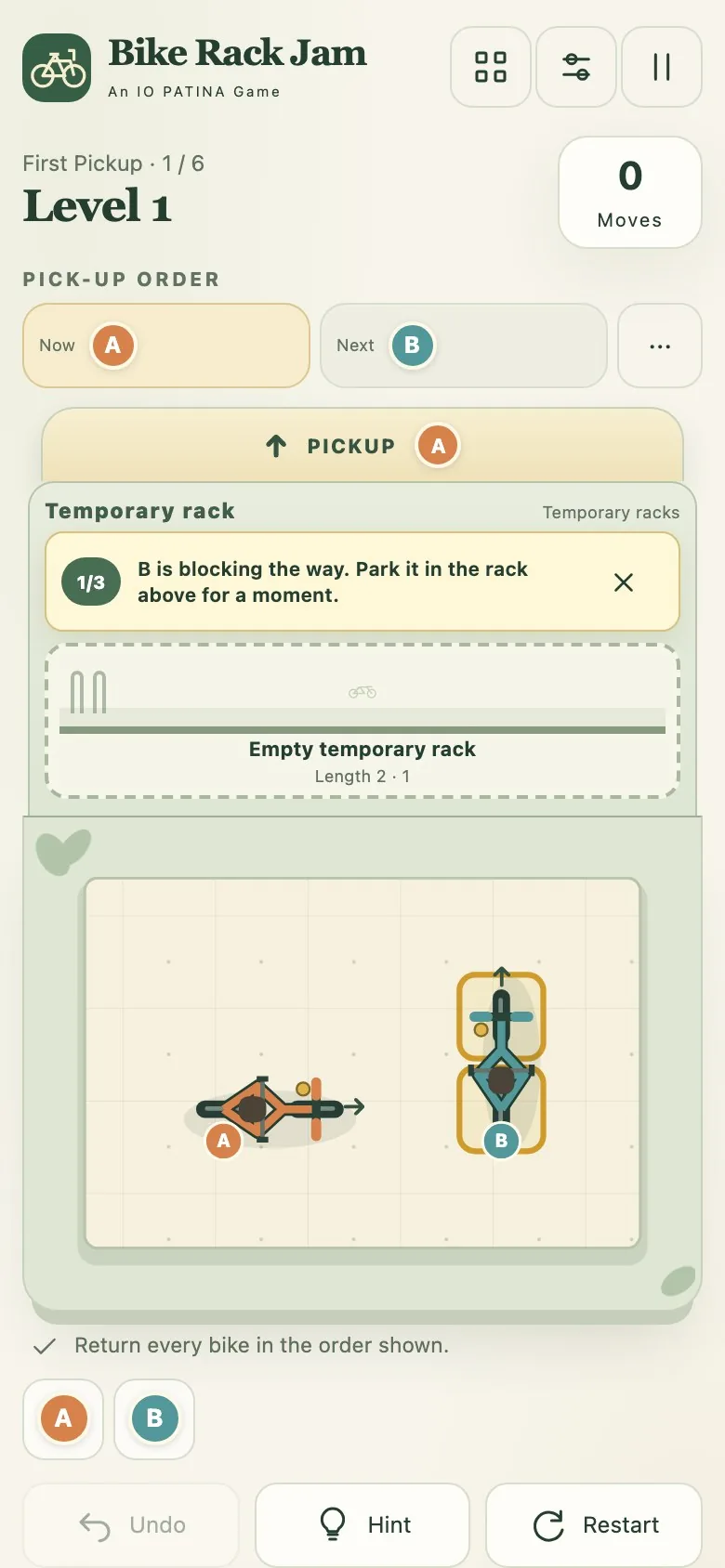 Bike Rack Jam on a phone screen, with the rack and the request queue stacked in one column
