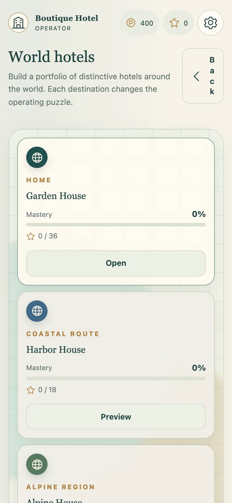 Boutique Hotel Operator on a phone screen, with the hotel view and the front desk stacked in one column