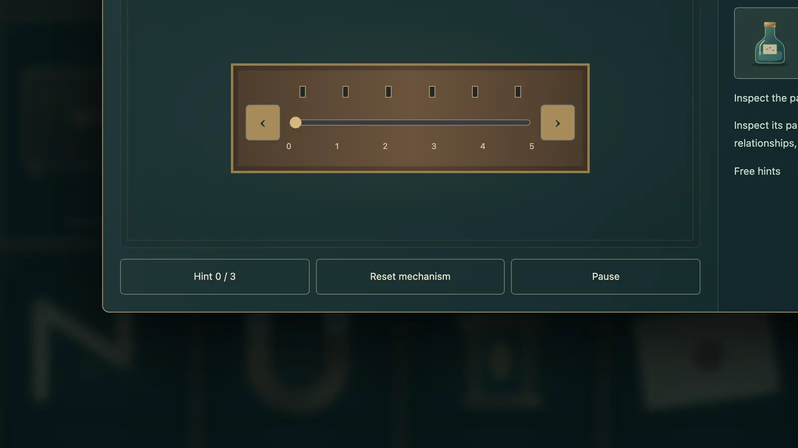 Cabinet of Curiosities: a brass-framed mechanism has six dark slots above a numbered slider between arrow buttons.