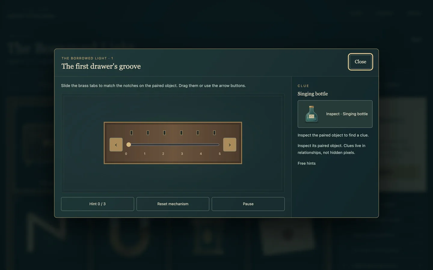 A mechanism open on the workbench on a desktop screen, beside its paired object and clue