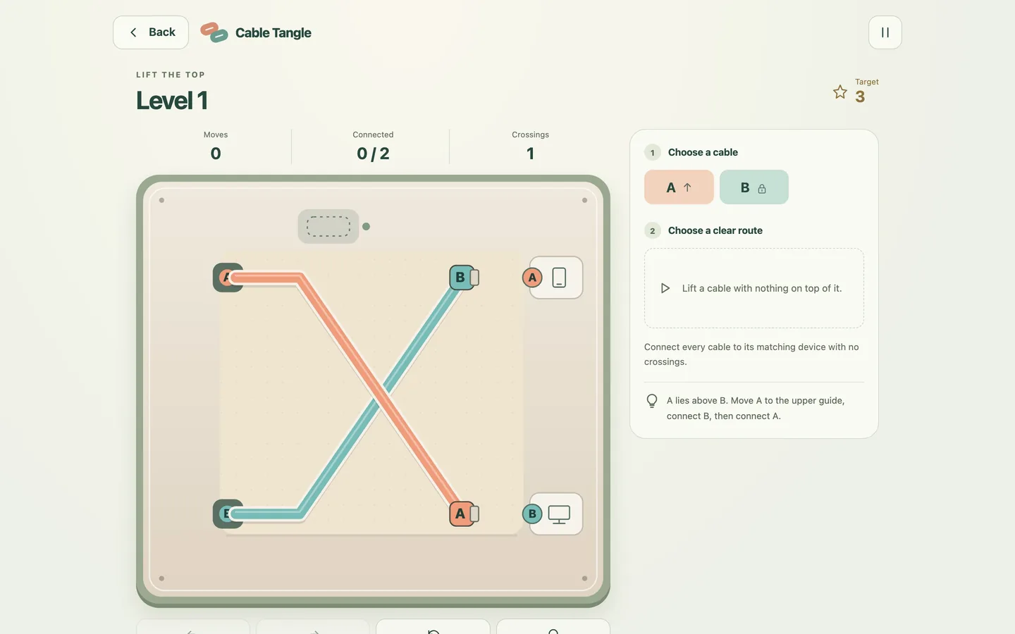 The desk board on a desktop screen, showing the tangled cables, the free guides and the move counter