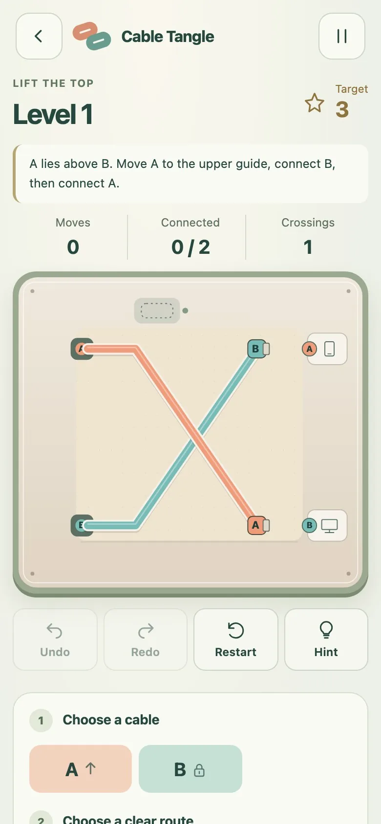 Cable Tangle on a phone screen, with the board and the cable buttons stacked in one column