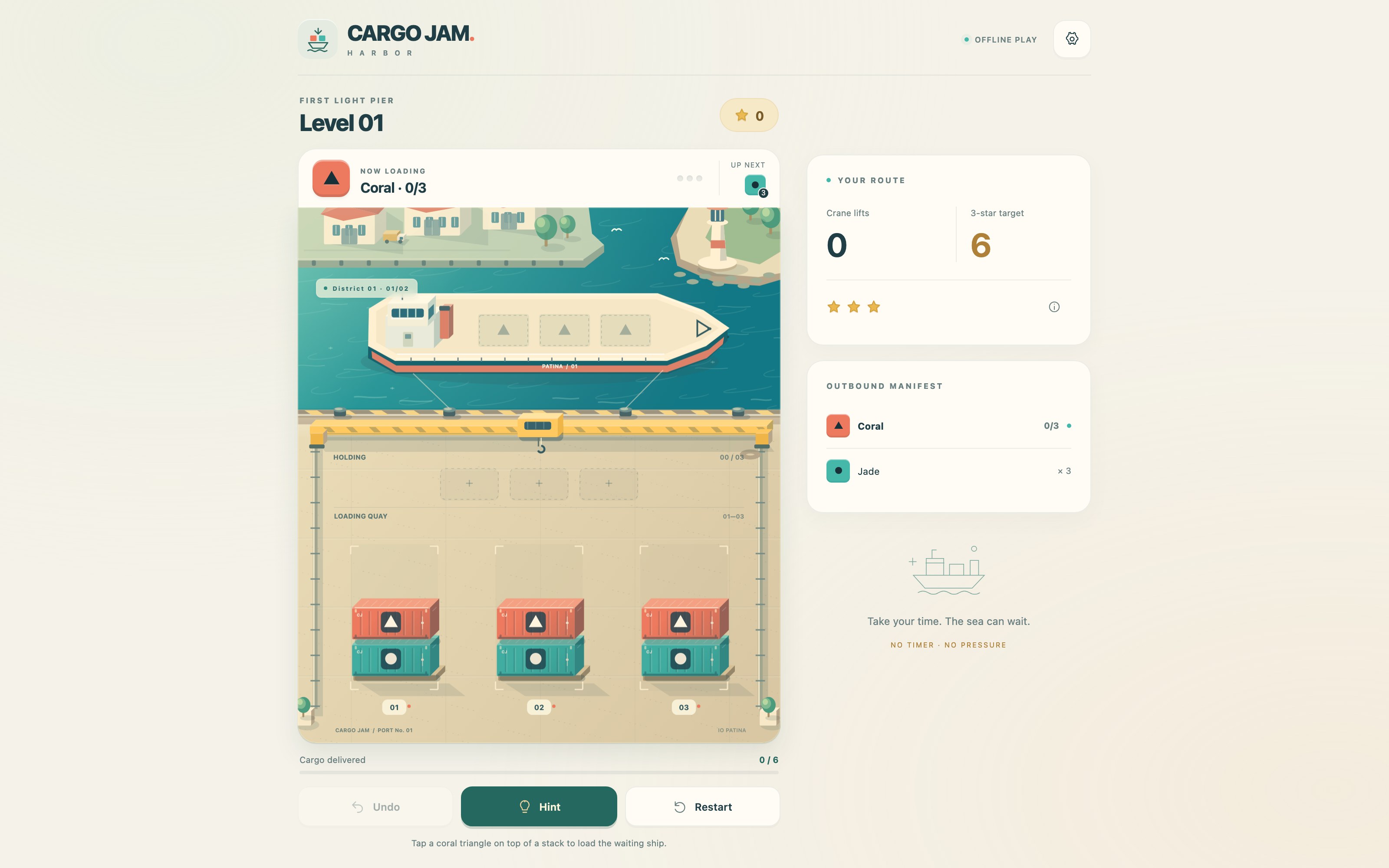 Cargo Jam gameplay: stacked shipping containers on a quay with a ship waiting at the pier