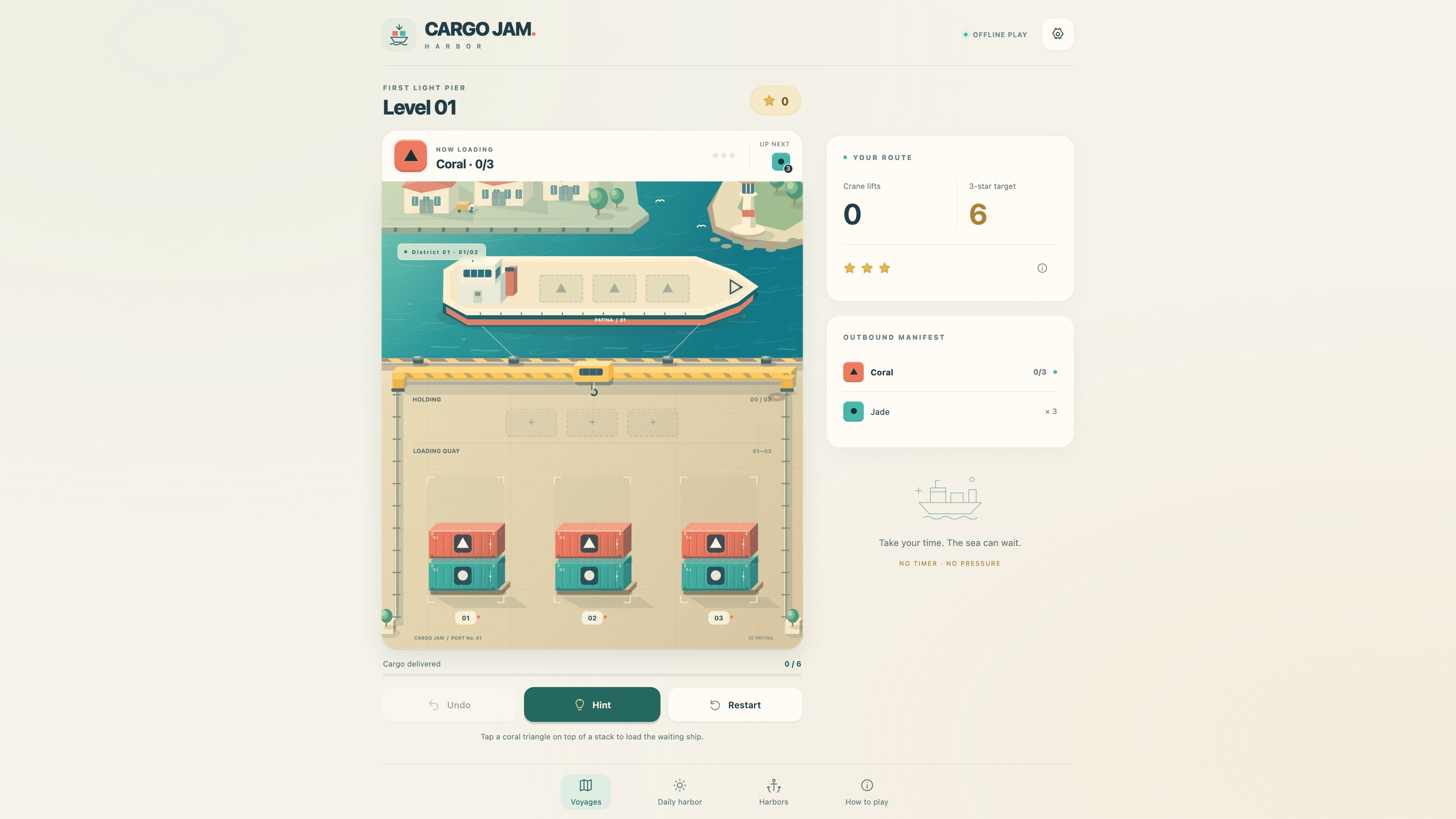 Cargo Jam gameplay: stacked shipping containers on a quay with a ship waiting at the pier