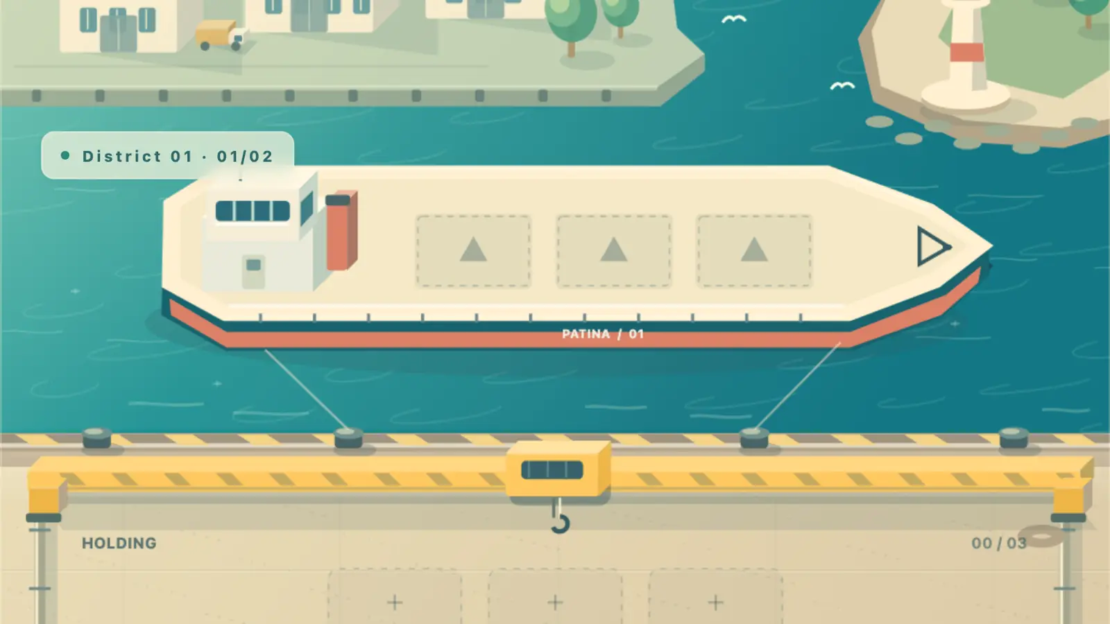 Cargo Jam: Harbor: a cream ship with three empty deck bays sits beside a yellow dock crane on teal water.