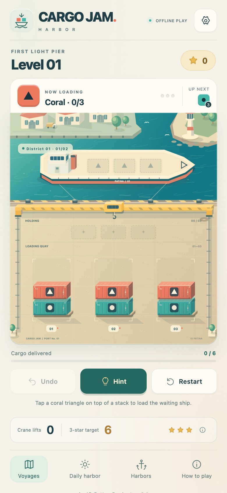 Cargo Jam on a phone screen, with the board and controls stacked in one column
