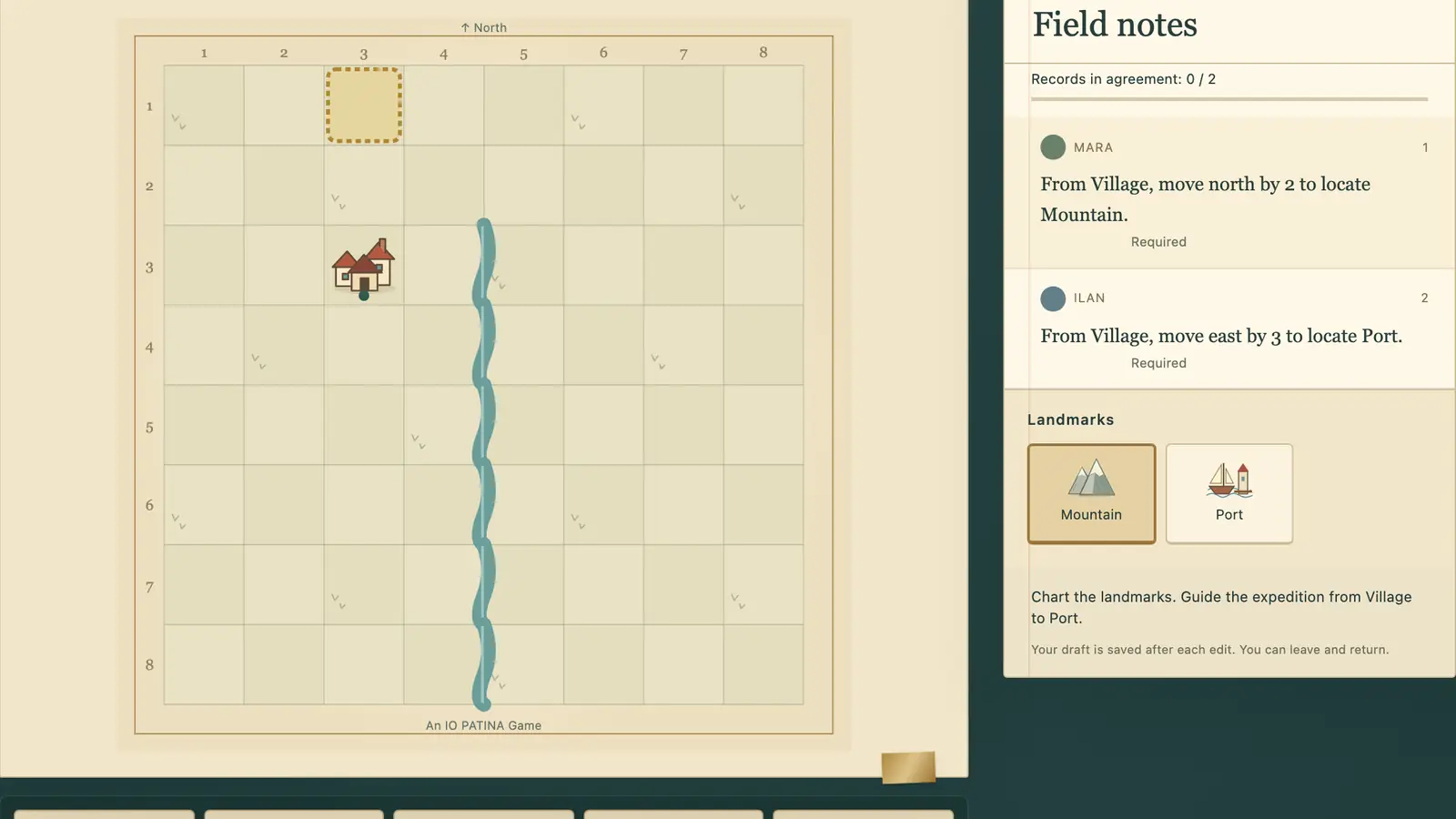 Cartographer's Desk: a parchment grid map shows a village and winding river beside field notes and landmark tiles.