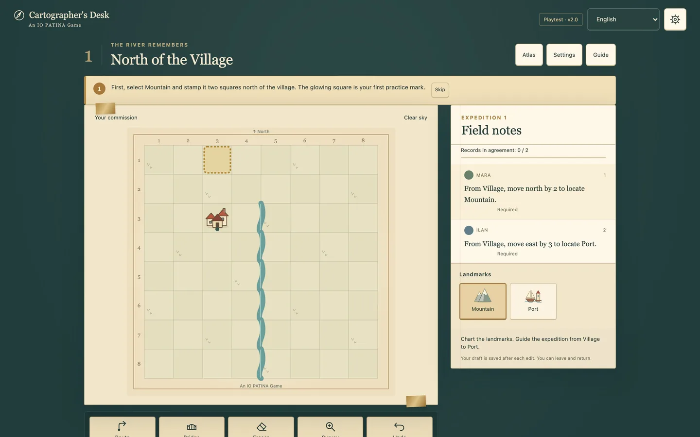 The map desk on a desktop screen, with the explorers' notes beside the 8×8 parchment map and the stamp tools
