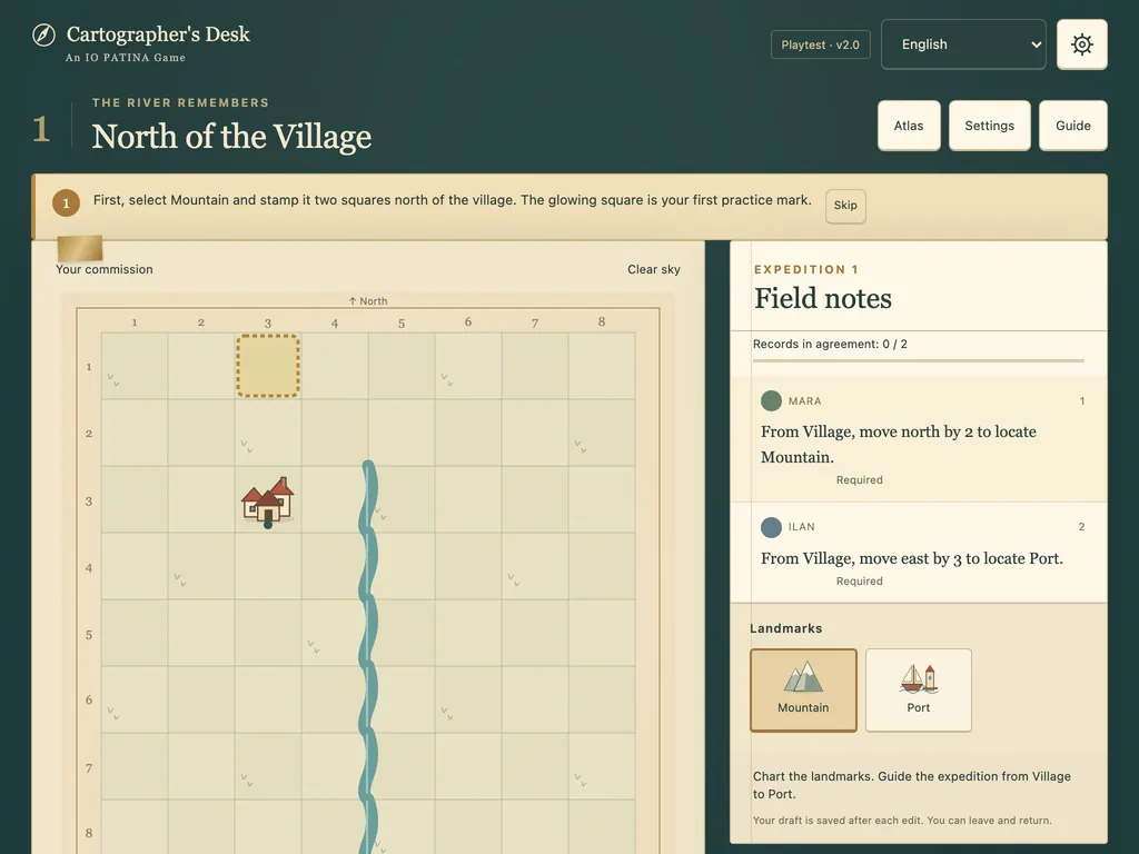 Cartographer's Desk on a tablet-width screen, with the notes placed beside the map