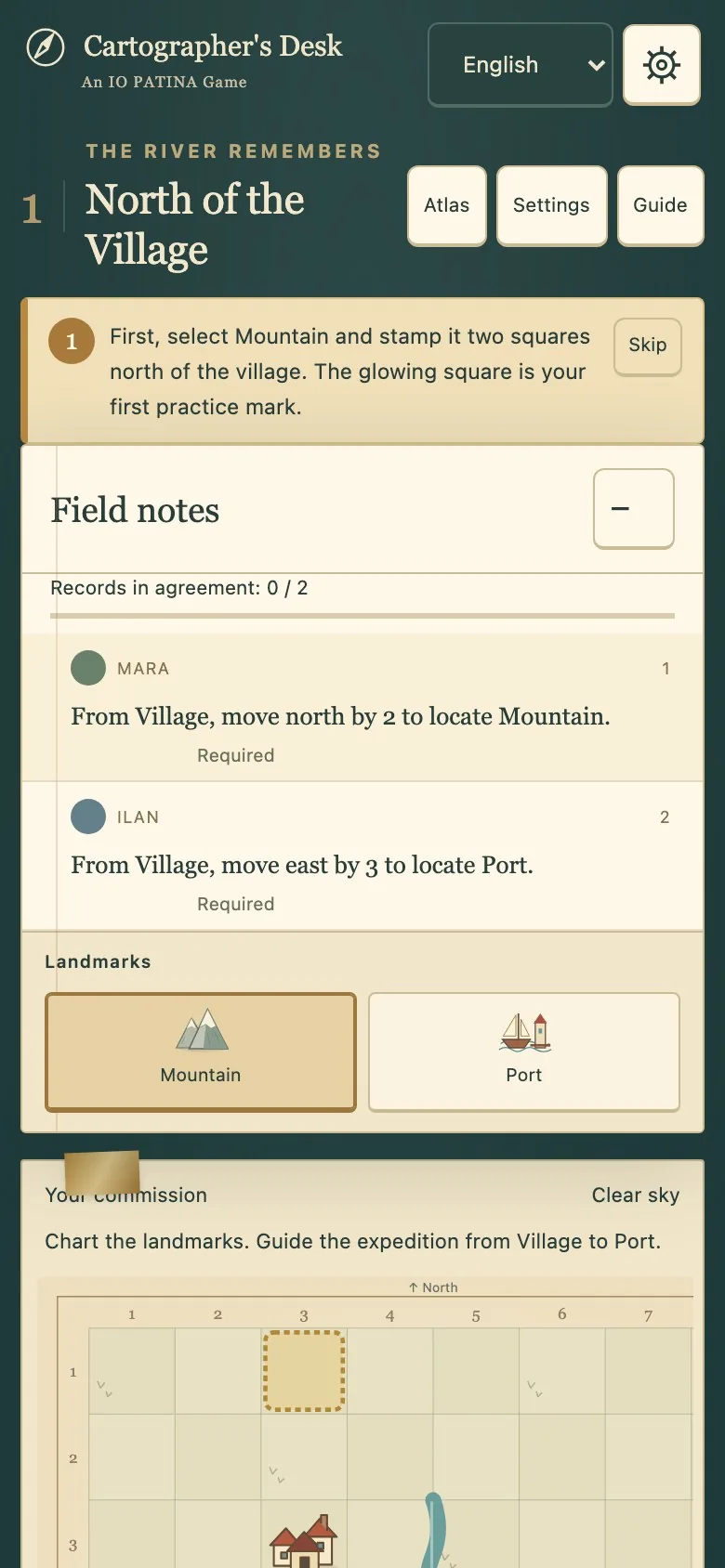 Cartographer's Desk on a phone screen, with a pannable map and collapsible notes