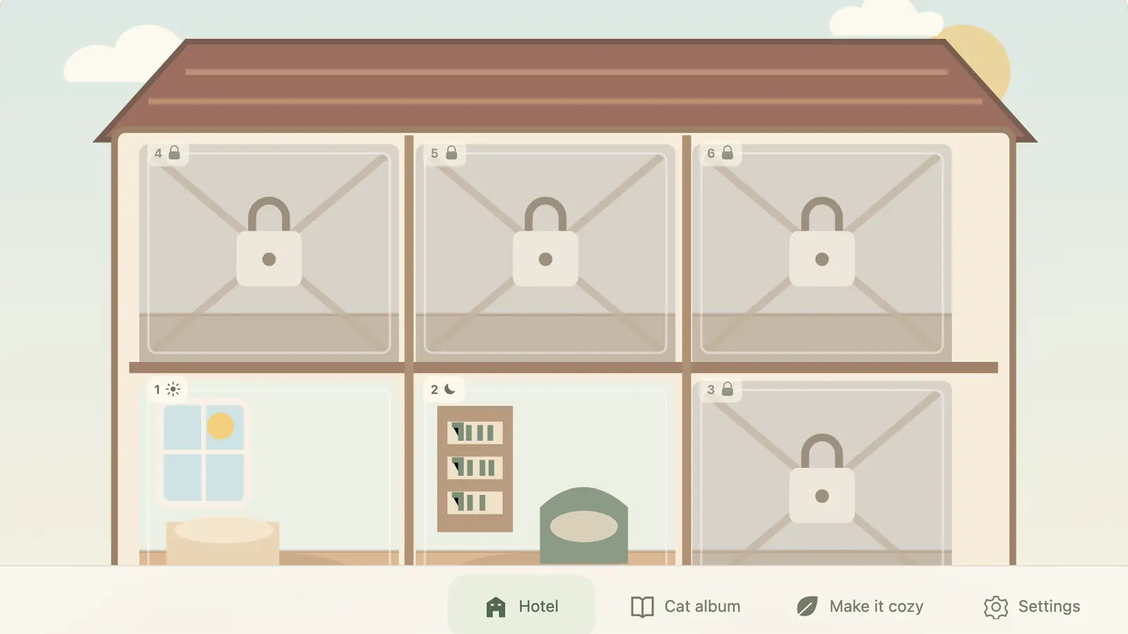 Cat Hotel: six rooms sit beneath a brown roof, with four padlocked rooms, a sunny window, a bookshelf and a cat bed.