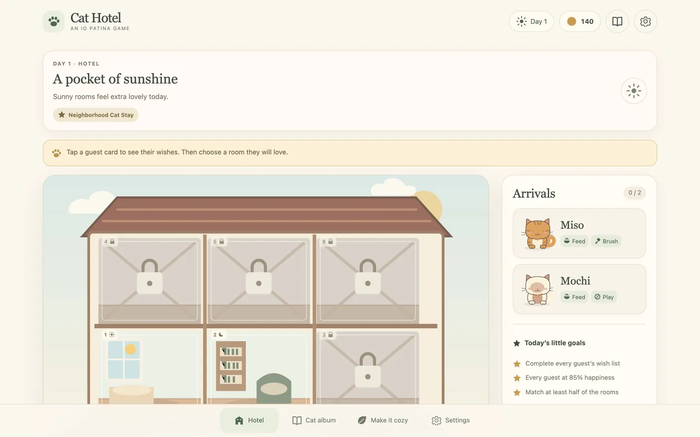 Cat Hotel on a desktop screen, showing the day's guests and the two-floor hotel
