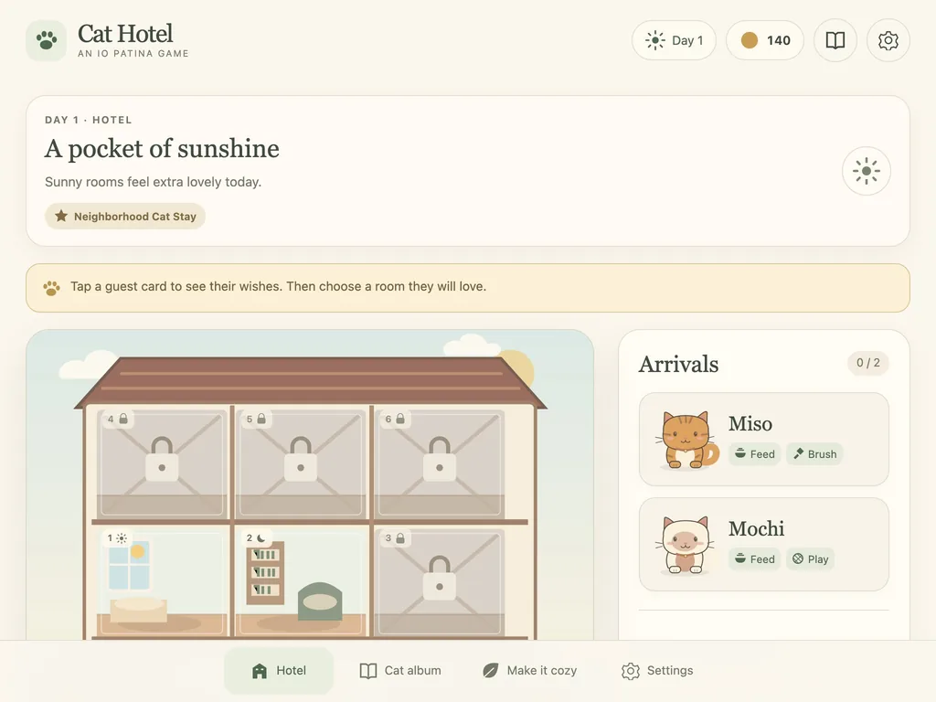 Cat Hotel on a tablet-width screen
