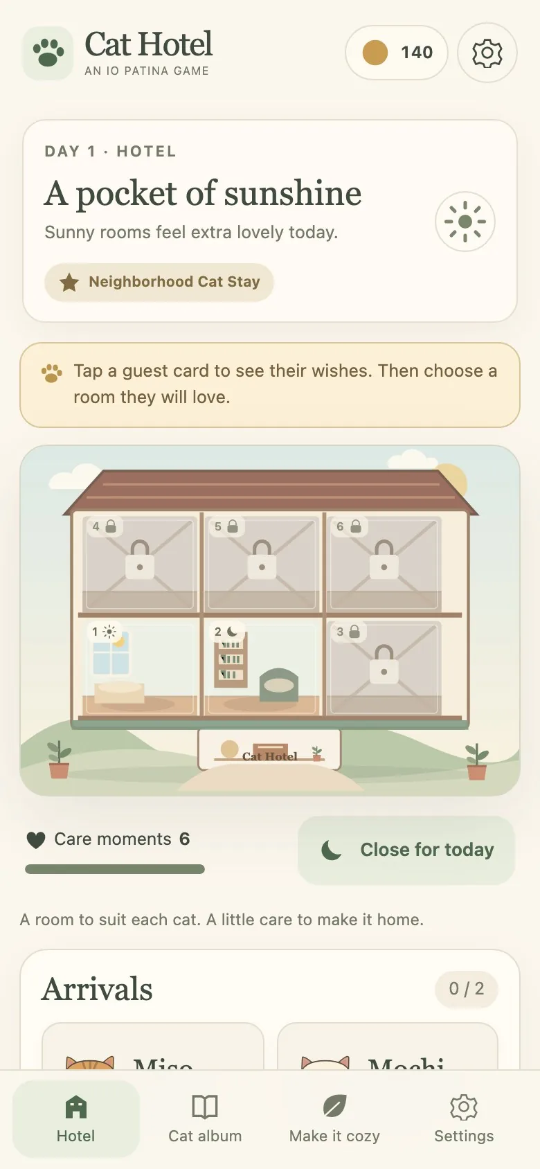 Cat Hotel on a phone screen