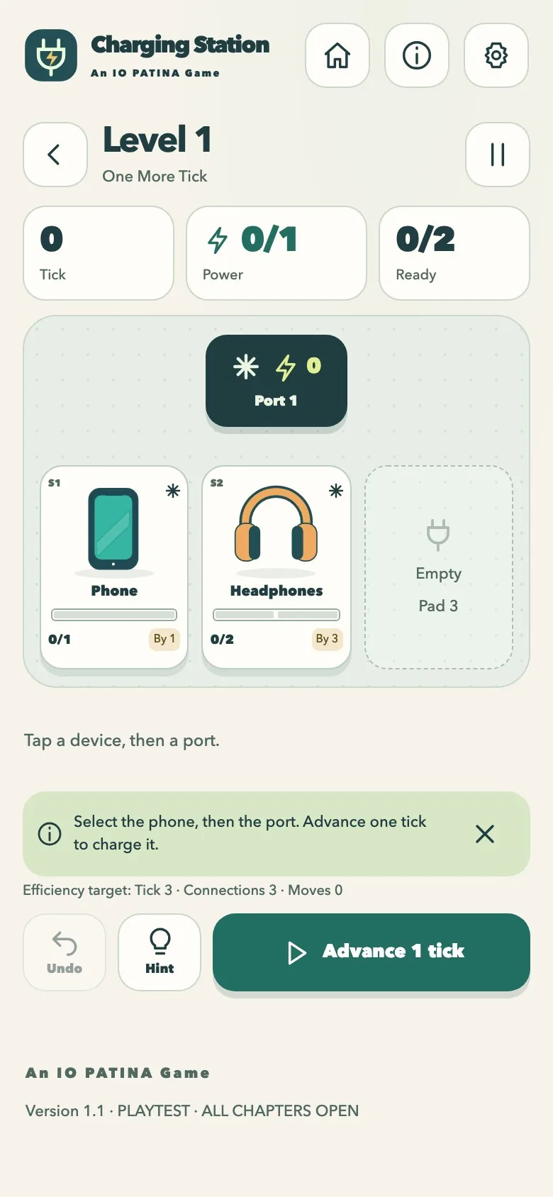 Charging Station on a phone screen, with the board and controls stacked in one column