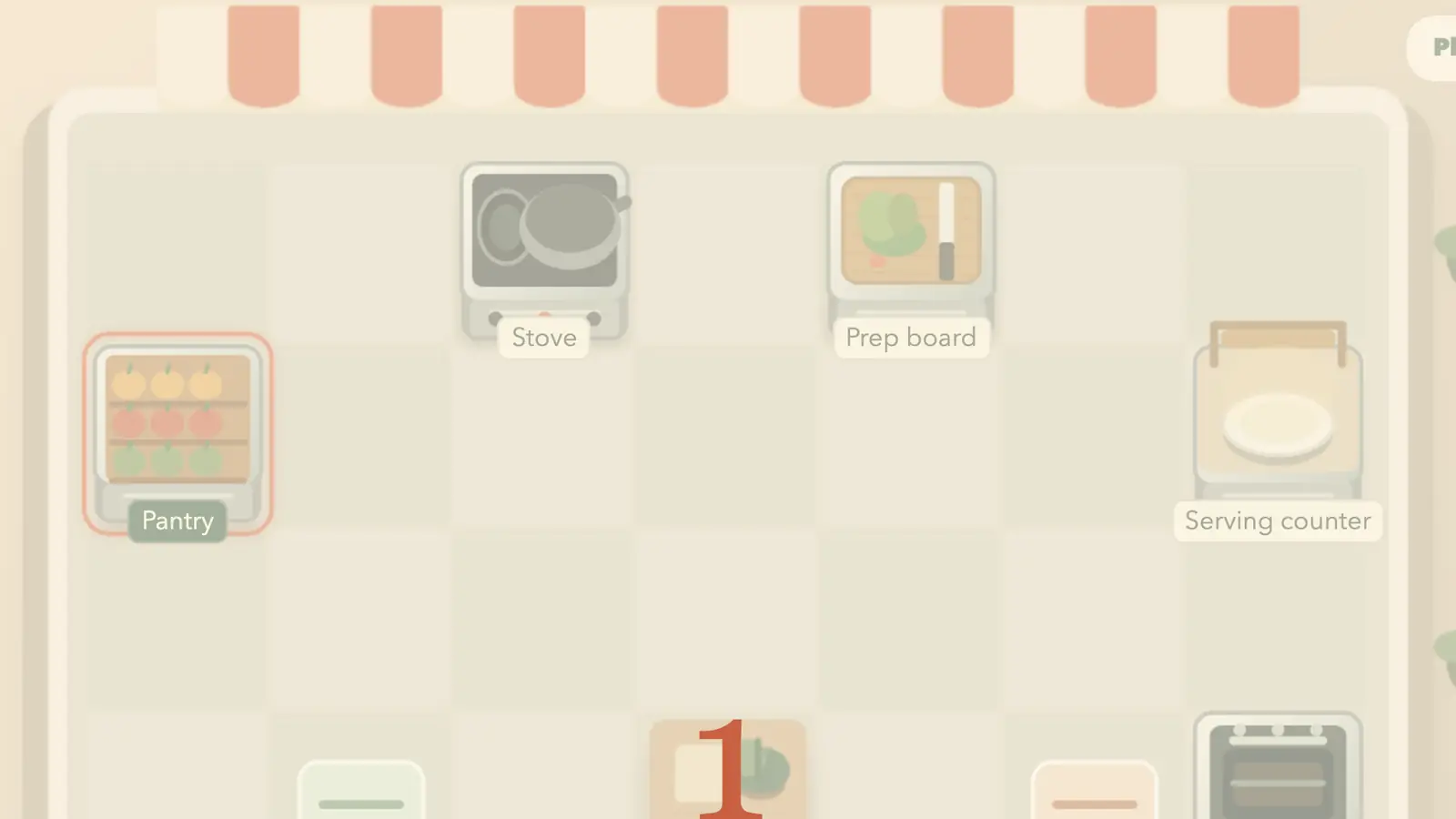 Chef Rush: One Kitchen: a pale tiled kitchen has a stocked pantry, stove, prep board and serving counter.