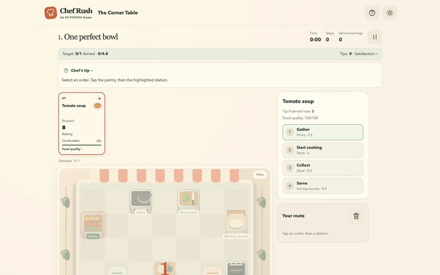 A service on a desktop screen, with the order cards above the kitchen board and the recipe steps and route beside it