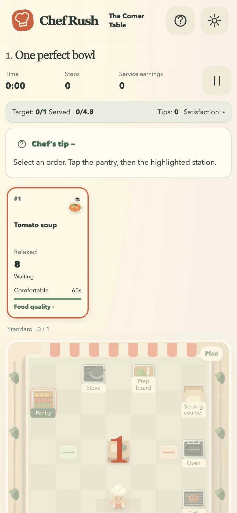 Chef Rush: One Kitchen on a phone screen, with the orders, kitchen board and Cook! button stacked in one column