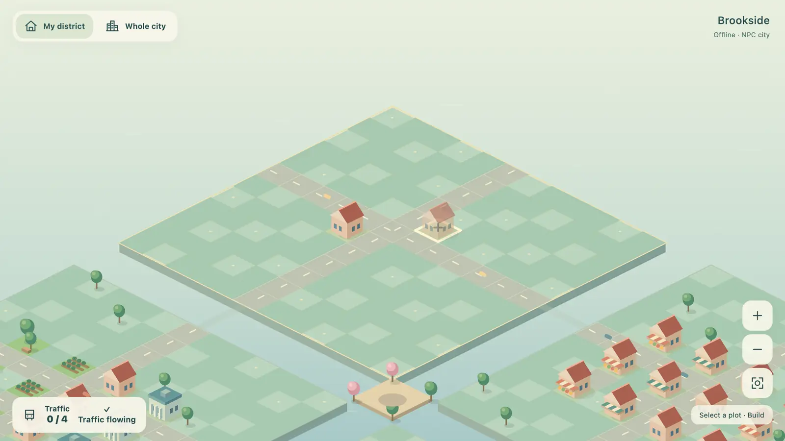 City Together: green isometric districts hold roads, small houses and trees around a central plaza.