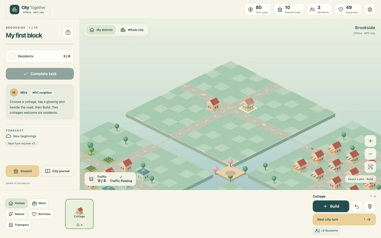 The whole-city view on a desktop screen, with the task panel on the left and the building dock below the map
