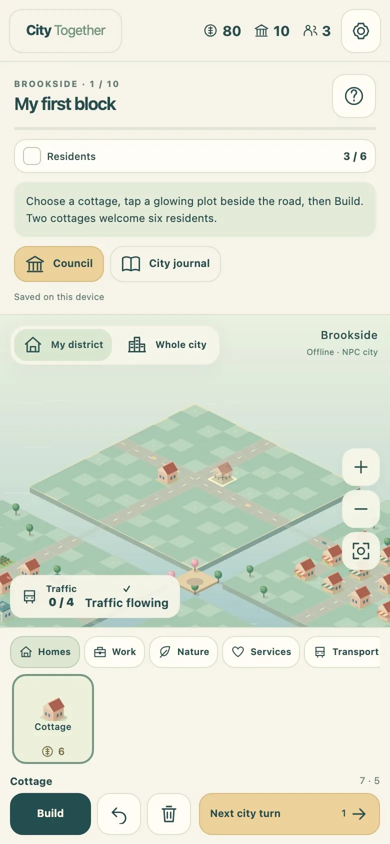 City Together on a phone screen, with the task panel above the map and the Build button below it