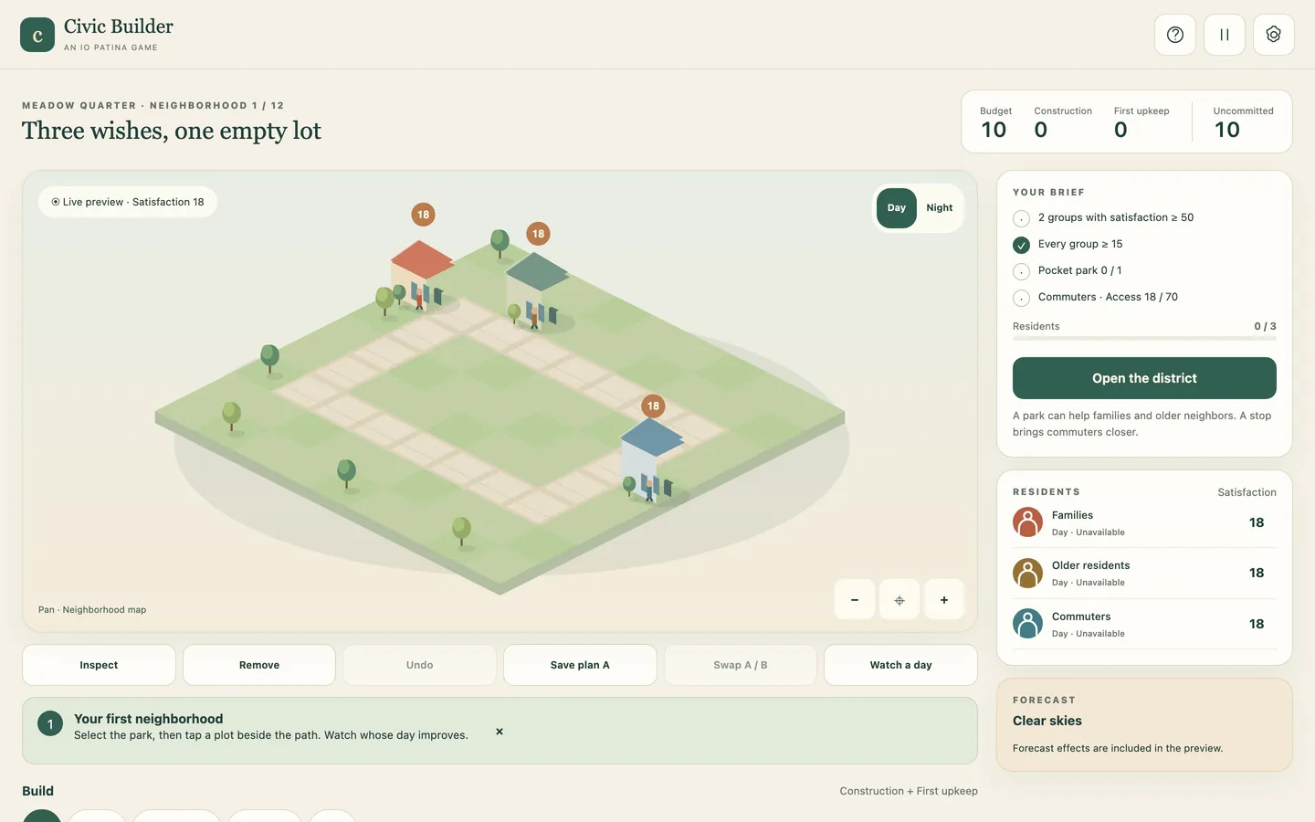 The planning board on a desktop screen, with the isometric map, budget, objectives and resident scores