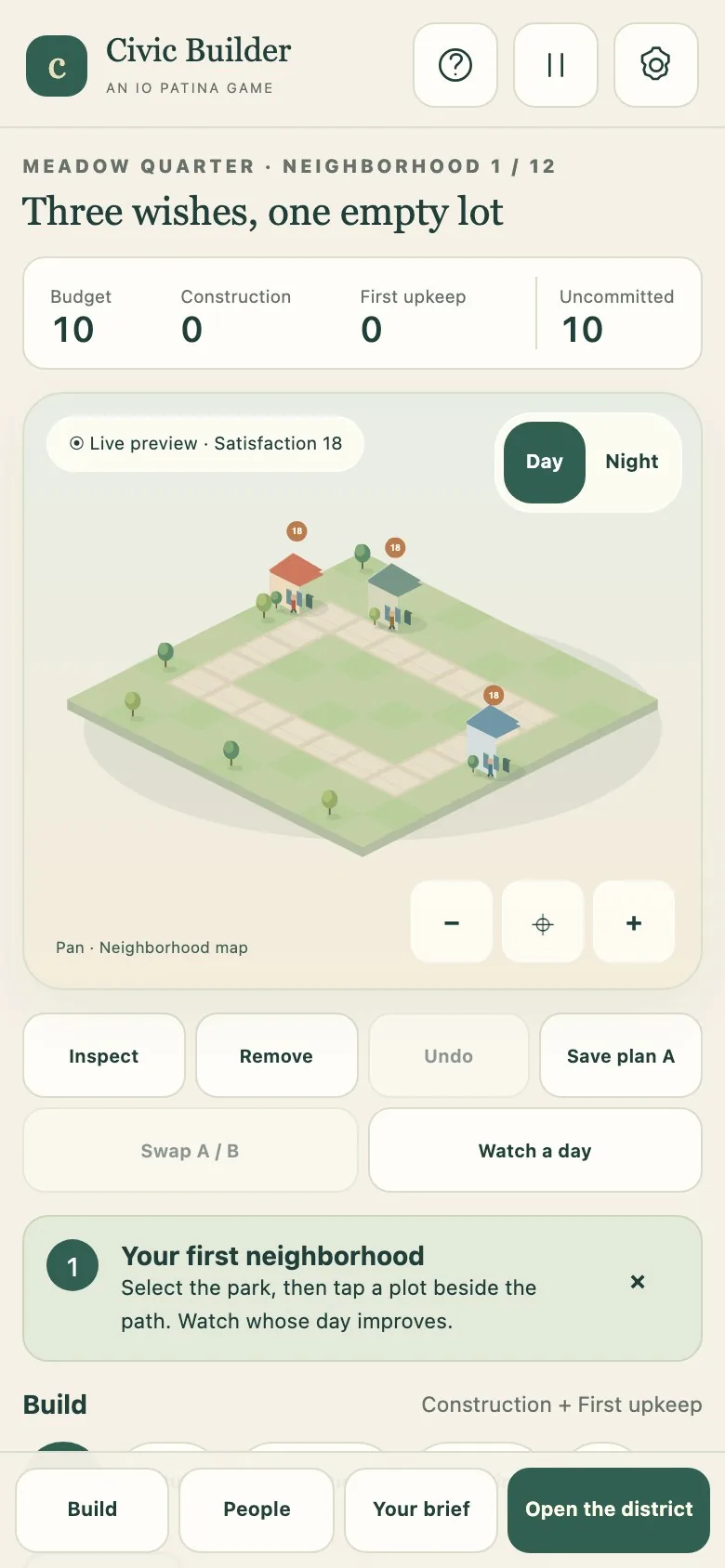 Civic Builder on a phone screen, with the map and building controls stacked in one column