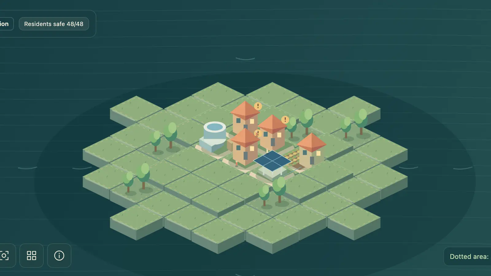 Climate Haven: red-roofed homes, trees, a water tank and solar panels sit on green isometric tiles amid dark teal water.