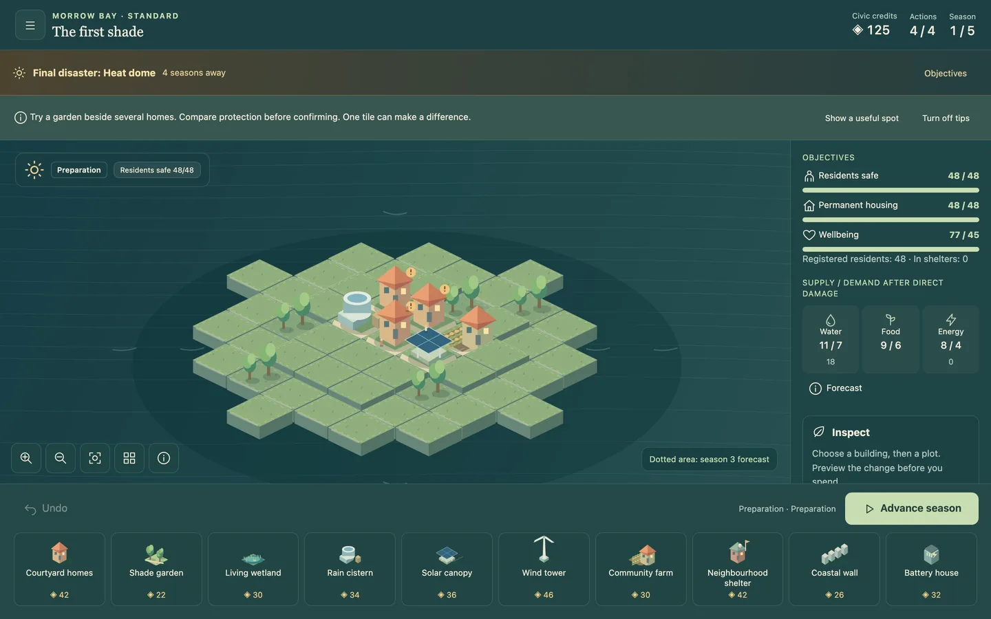 A campaign map on a desktop screen, with the island board, goals, supply levels and the building bar