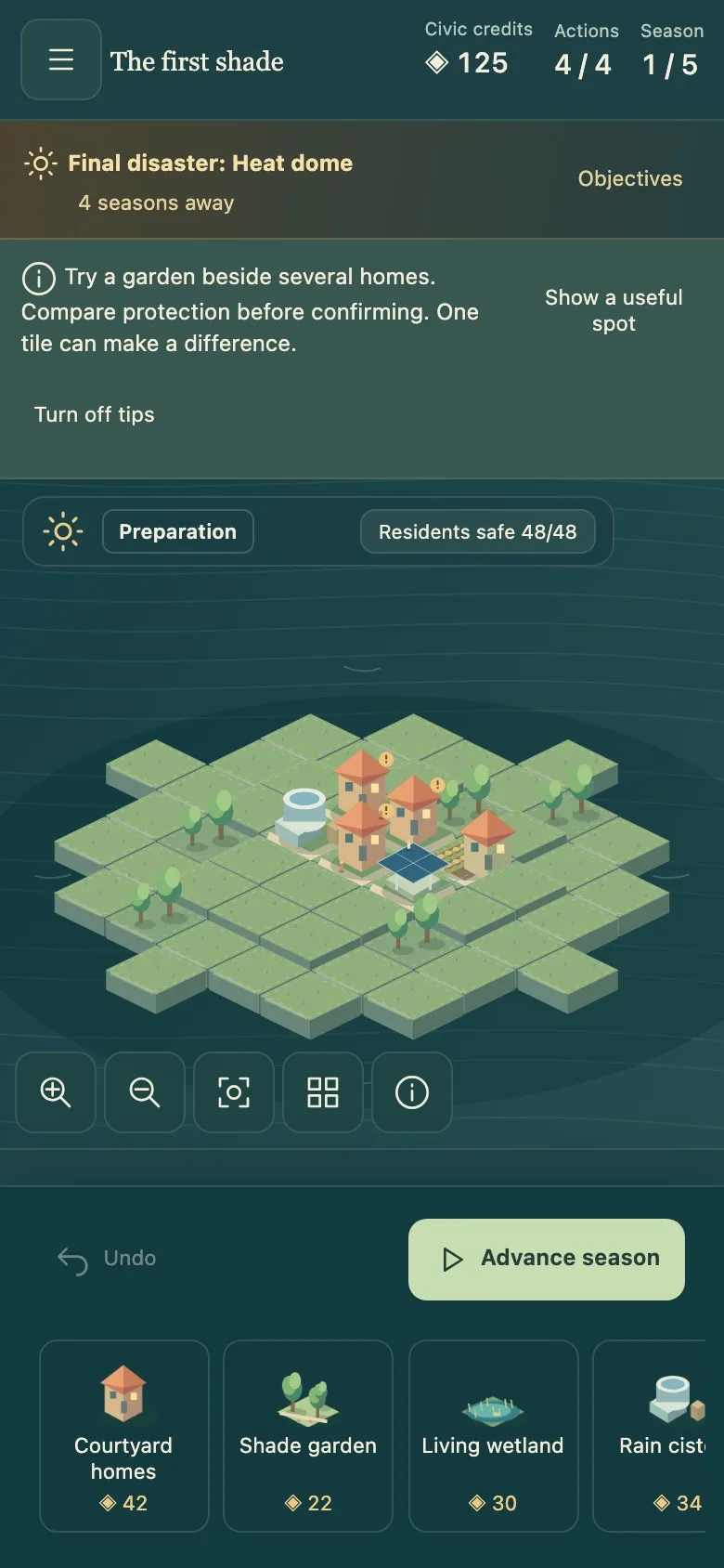 Climate Haven on a phone screen, with the map and building controls stacked in one column