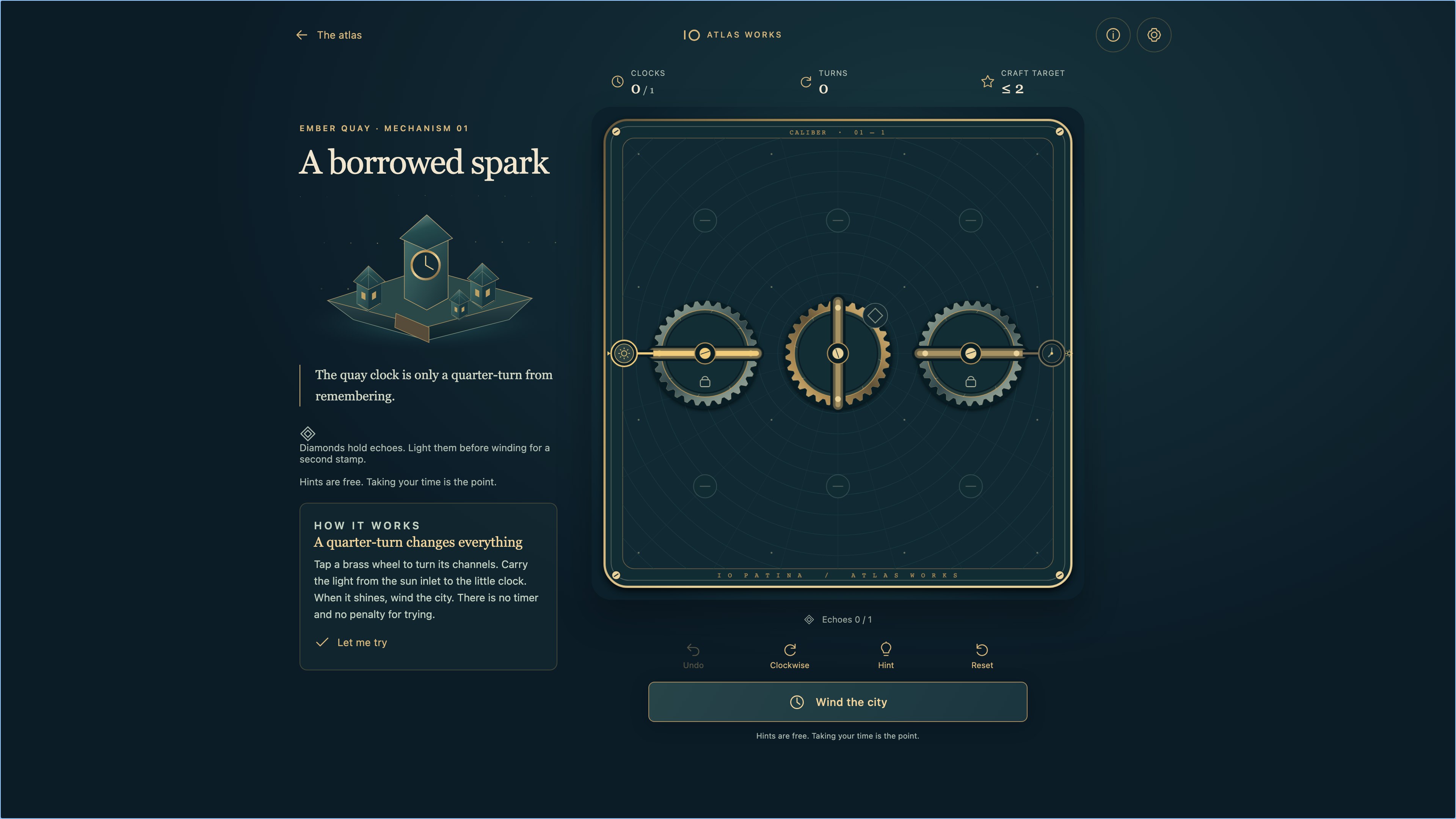The Clockmaker's Atlas gameplay: a grid of brass gears with light flowing along connected shafts