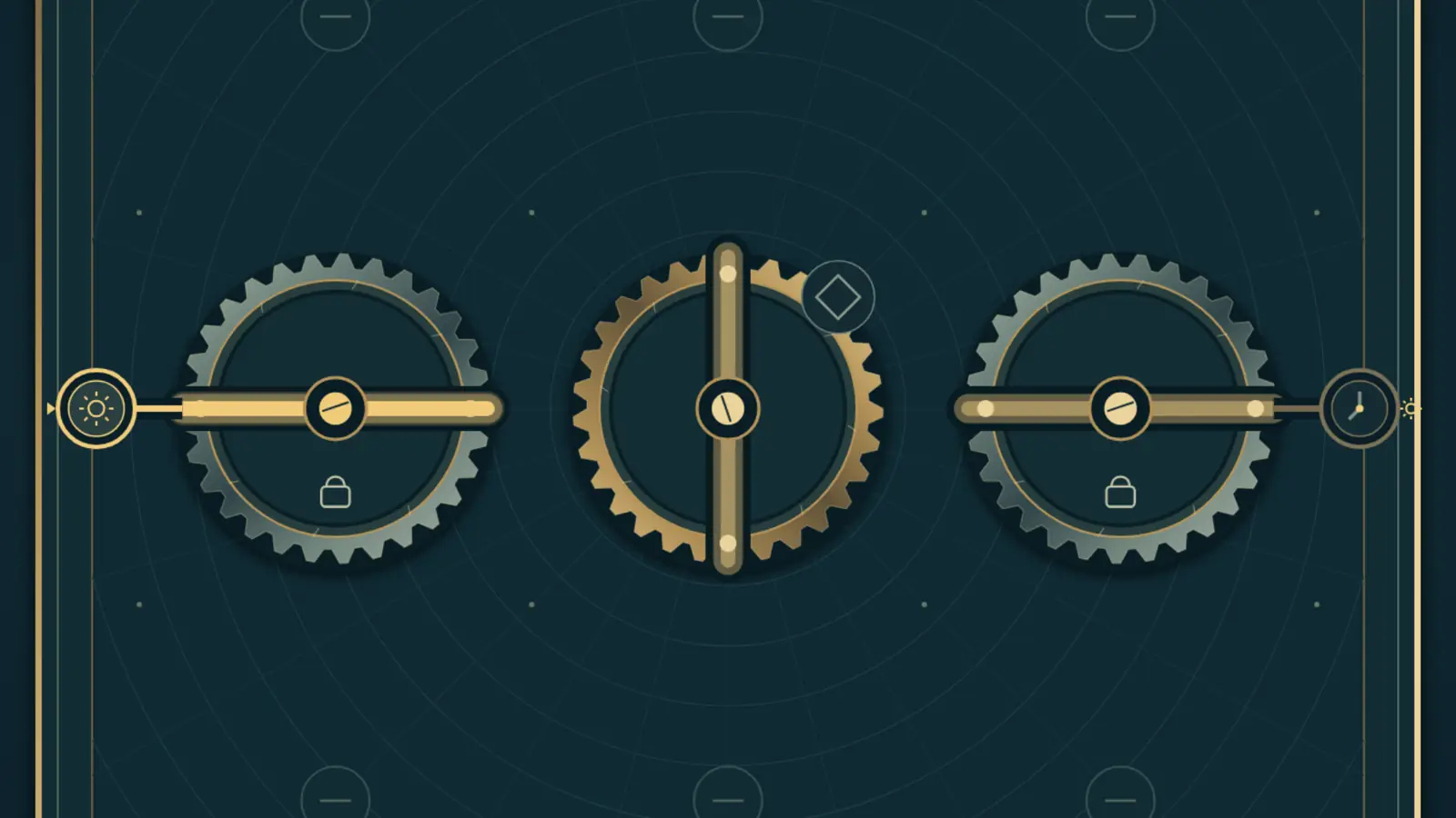 The Clockmaker's Atlas: three large gears span a dark teal board, with gold shafts crossing their centres.