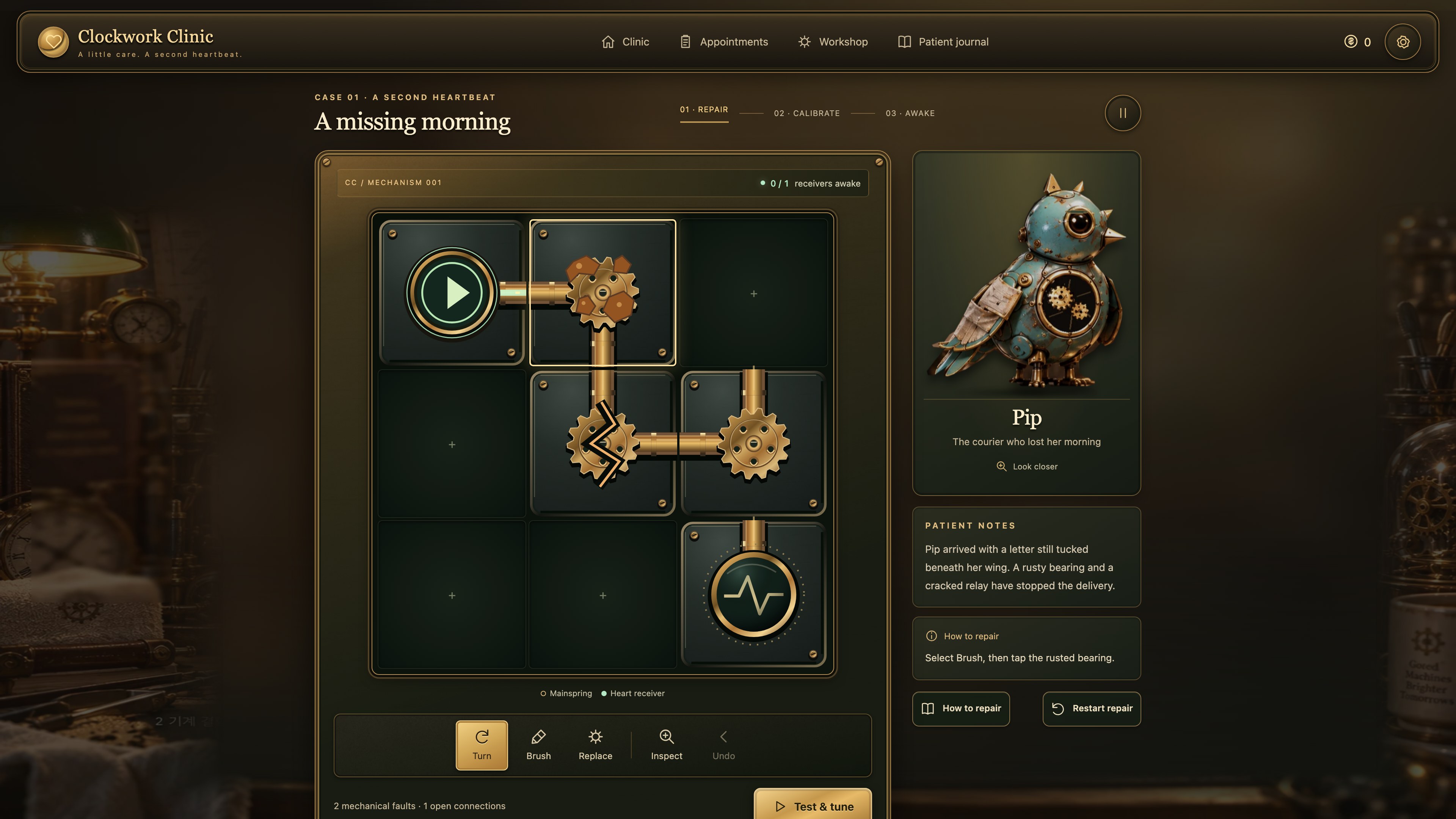 Clockwork Clinic gameplay: an opened clock movement on a repair bench with tools