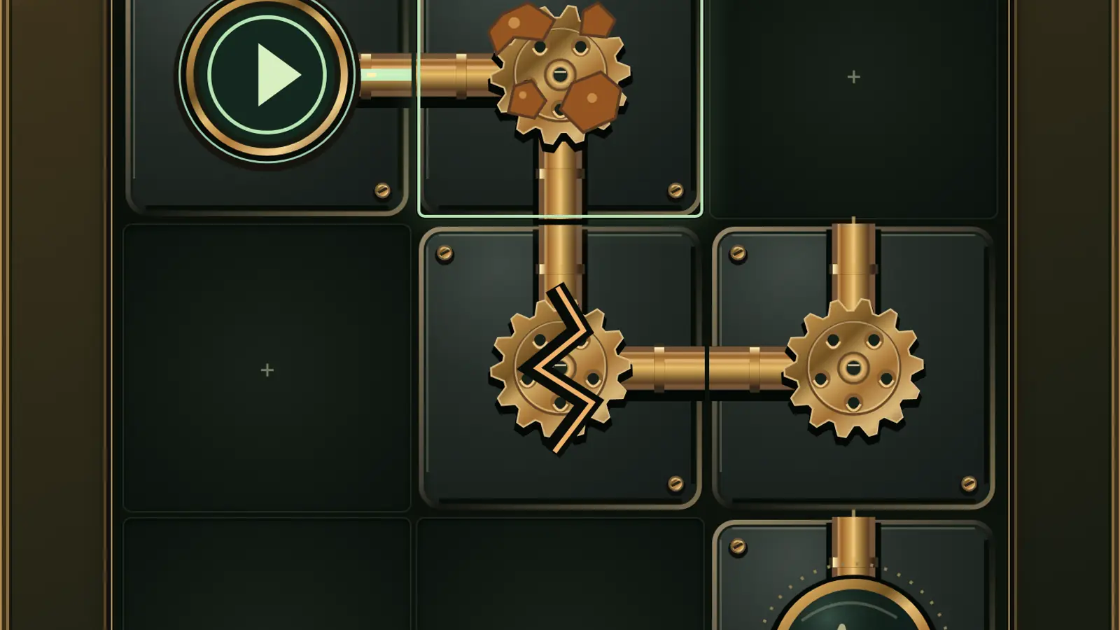 Clockwork Clinic: brass gears and connecting shafts occupy a dark square grid, with a jagged break across one gear.