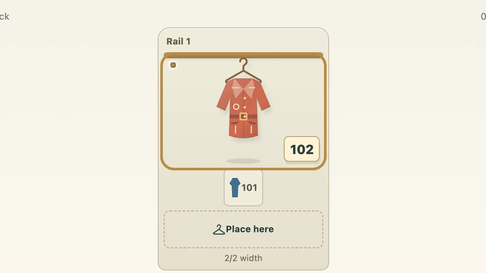 Coat Check Chaos: a red coat hangs on a gold rail above a numbered ticket and an empty placement area.